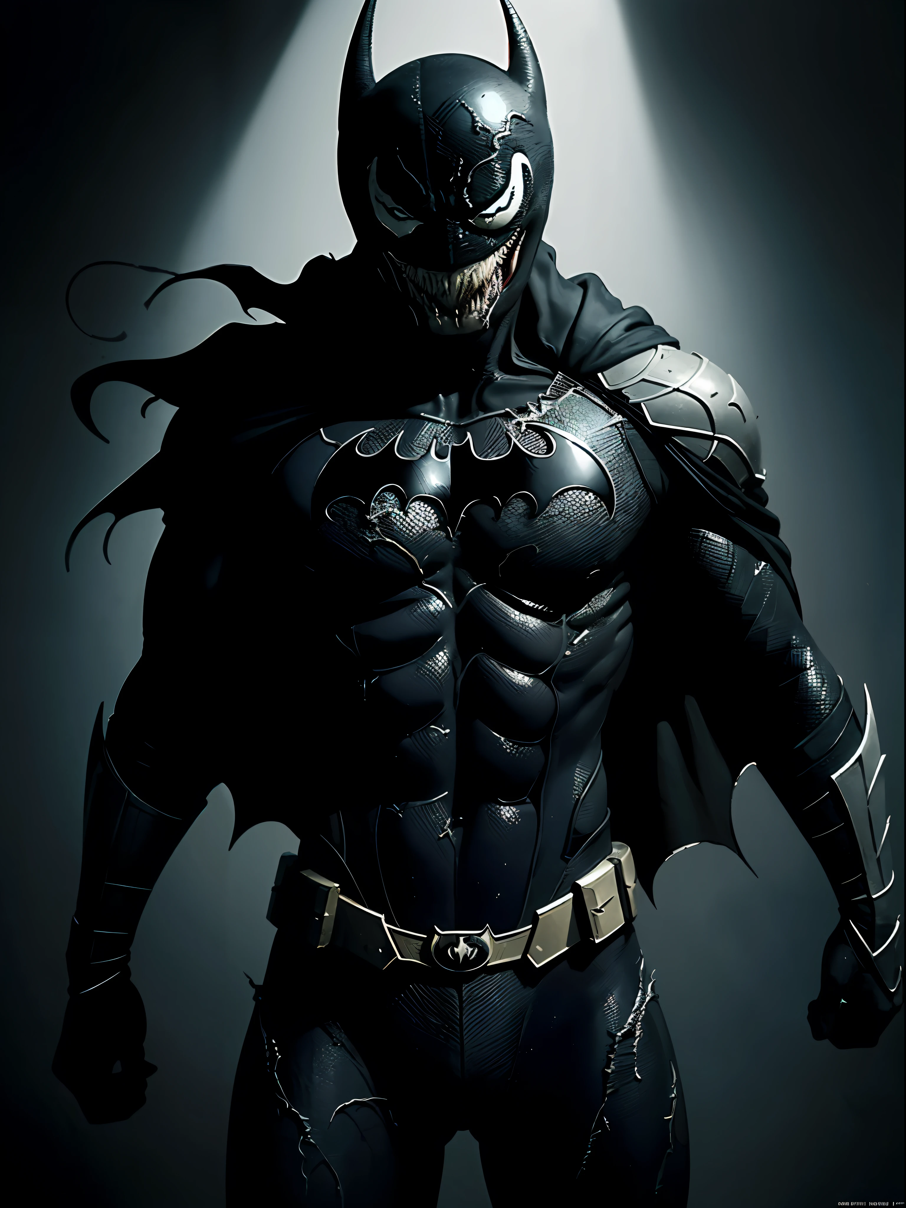 (masterpiece), best quality, ultra-detailed, extremely detailed CG unity 8k wallpaper, (dark style, black and white style)+(venom style:1.2)+(batman style:1.1), (1hero), (red eyes:0.9+ yellow eyes)+(black armor)+ (dark background), dynamic pose, dramatic lighting, intense shadow, high contrast.