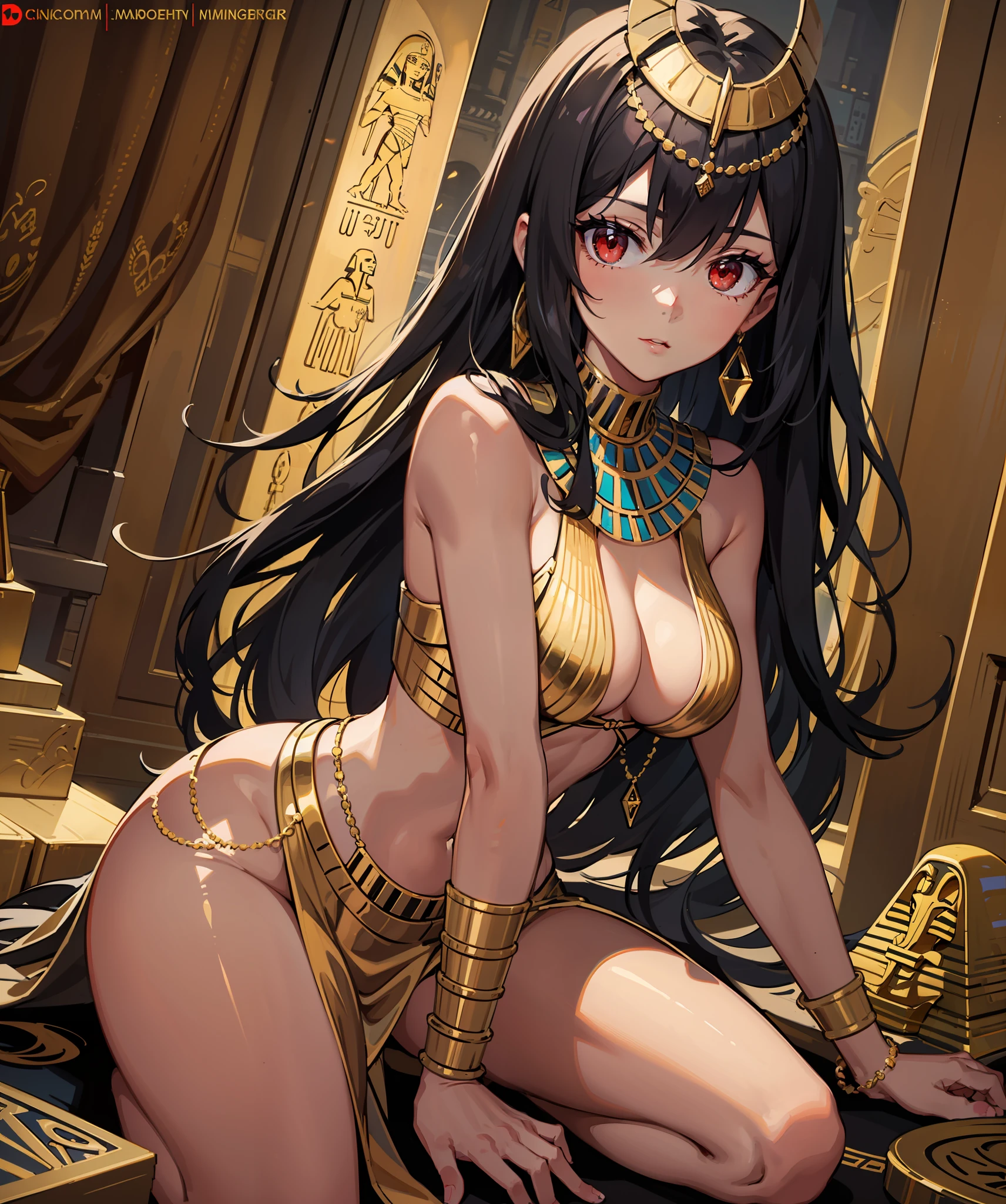 vibrant colors, girl, masterpiece, sharp focus, best quality, cinematlicilghting, detailed outfit, perfect eyes, dynamic pose, black hair, red eyes, egyptian, wide hips, mature female, medium breasts, curvy, gold egyptian jewelry, royal gold egyptian pyramid, dark skin,