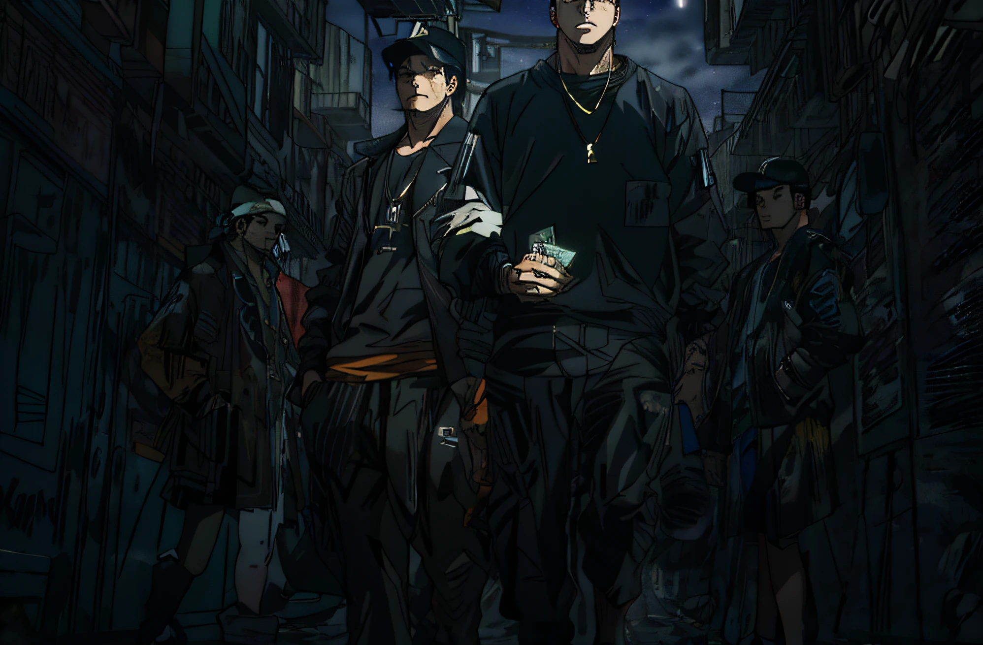 Create a 3D animation depicting three young gangsters with hip hop style. Um deles deve ter um charuto na boca, another holding a glass and the last holding money. Emphasize a dark street scenario, but sharp, with dancing girls admiring them. The scene should convey an atmosphere of gangster power and confidence, with fluid movements and striking facial expressions. Use vibrant colors and neon lights to enhance the ambience of nighttime riches. A IA deve ser capaz de criar uma imagem impactante e cheia de energia, transmitindo o estilo e a atitude dos jovens gangsters do hip hop. estilo Favela Brasil