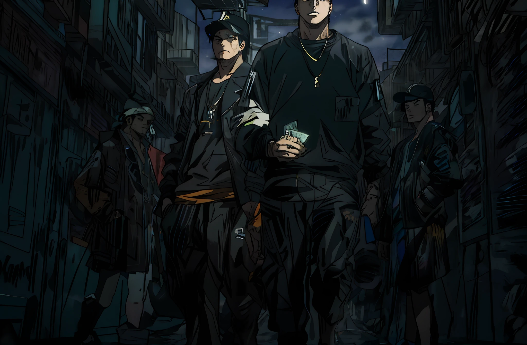 Create a 3D animation depicting three young gangsters with hip hop style. Um deles deve ter um charuto na boca, another holding a glass and the last holding money. Emphasize a dark street scenario, but sharp, with dancing girls admiring them. The scene should convey an atmosphere of gangster power and confidence, with fluid movements and striking facial expressions. Use vibrant colors and neon lights to enhance the ambience of nighttime riches. A IA deve ser capaz de criar uma imagem impactante e cheia de energia, transmitindo o estilo e a atitude dos jovens gangsters do hip hop. estilo Favela Brasil