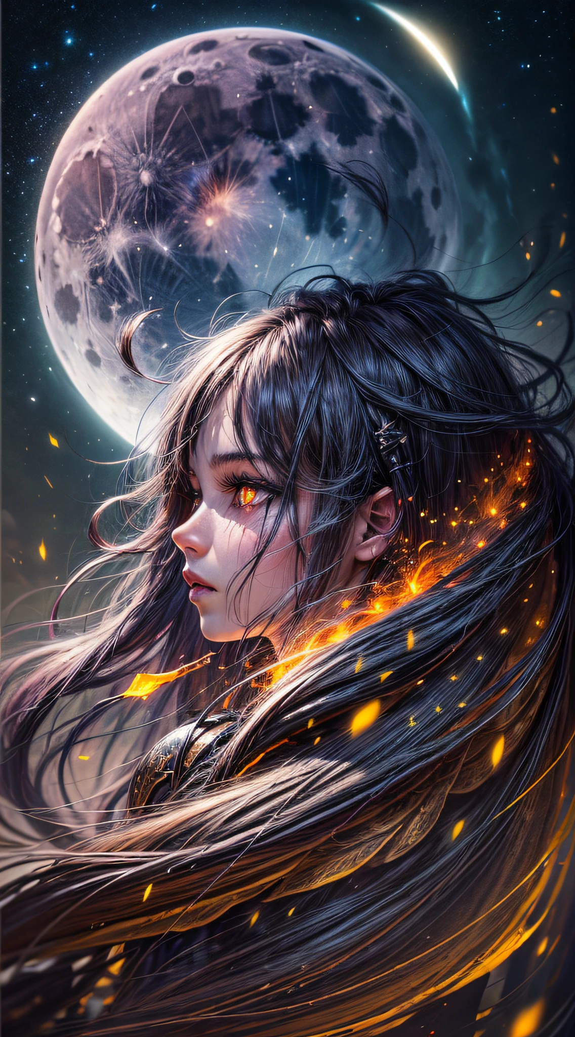 (masterpiece:1.4), (best quality:1.4), (detailed), epic fantasy, solo, 1 girl, ((glowing eyes)), ((yellow eyes)), detailed hair, from side, close-up, bloody moon and night sky behind her, full moon, mighty, magic power, midnight, stars, nebula, power-hungry, blood magic, epic fantasy