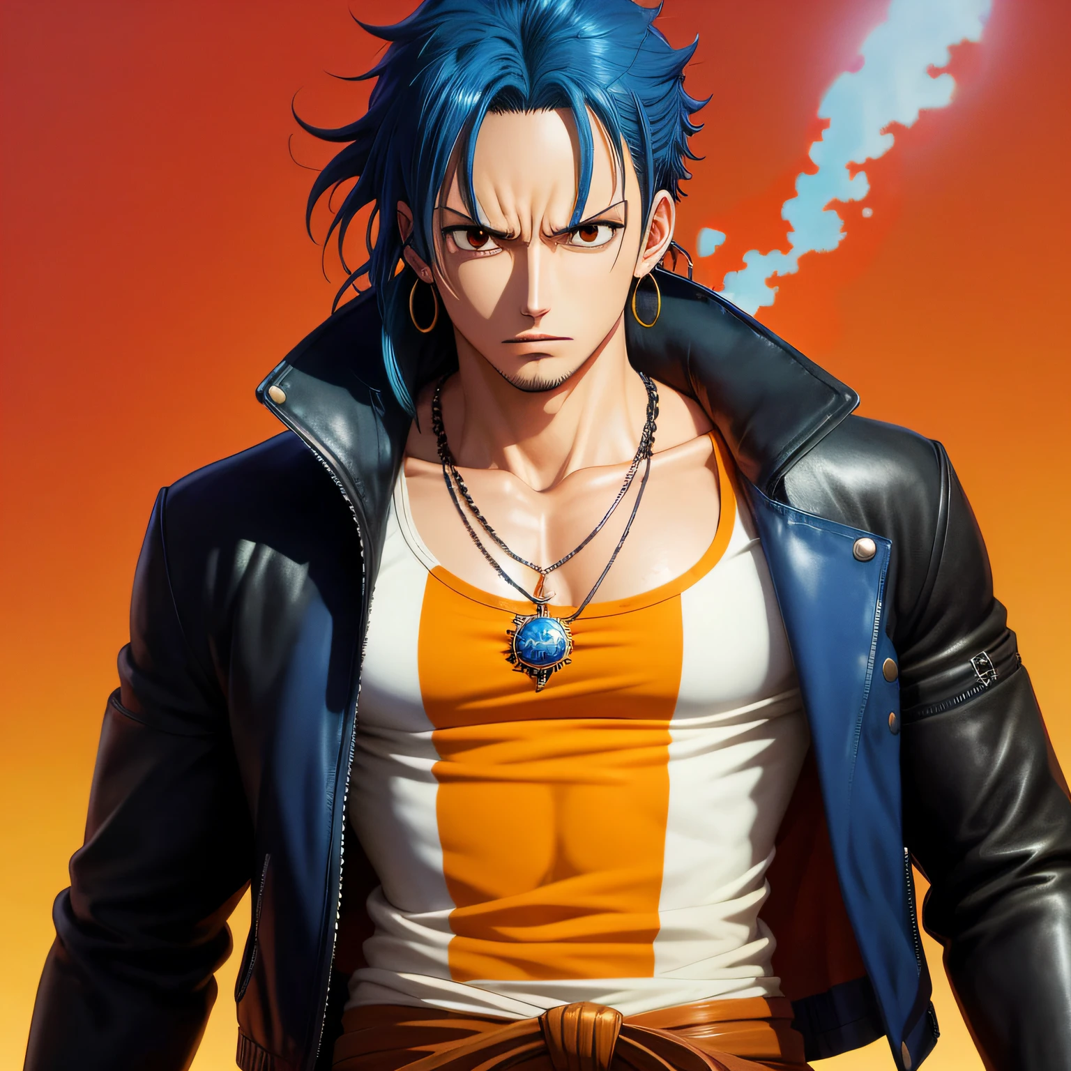 one piece anime art style ,an adult man wearing a black leather jacket, wearing a shirt,long blue hair,wearing jewelry such as necklaces,hoop earring,one piece art,one piece sketch
