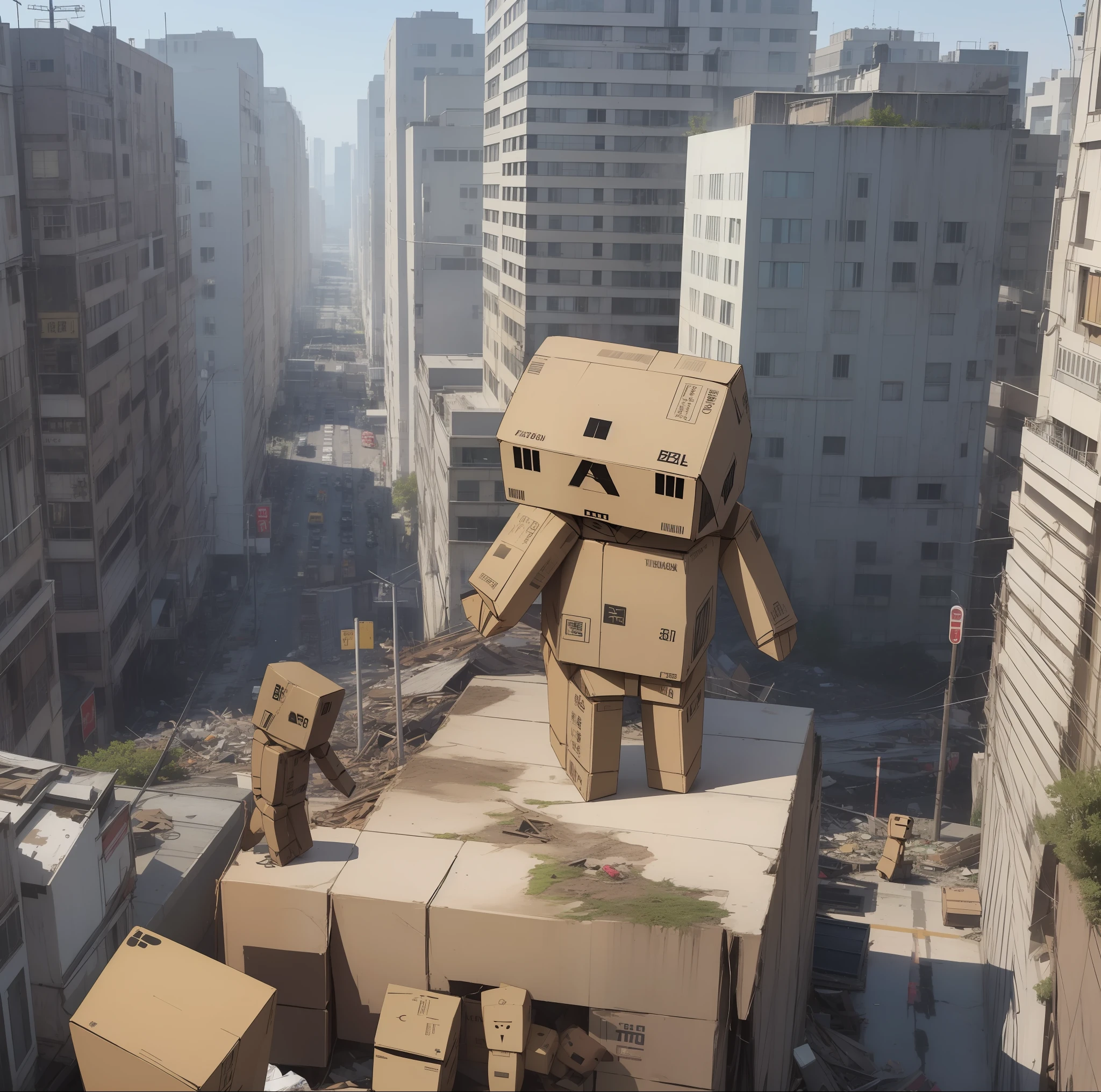 (danbo, Bigger than Bill:1.3)、Running away from the city、Multi-tenant building、Bustling street、signboard、City proclamation monitor showing disaster、rubbish、devastated、Sunnyday、miscellaneous、