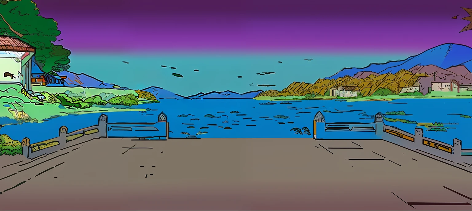 a drawing of a street with a bridge and a building, sketch of an ocean in ms paint, ( ( dither ) ), vhs static overlay, (akira 1988) Highly detailed 8K, videogame still, detailed scenic view, Detailed scenery —width 672, detailed lake in background, ambient reflective occlusion, 1988 video game screenshot