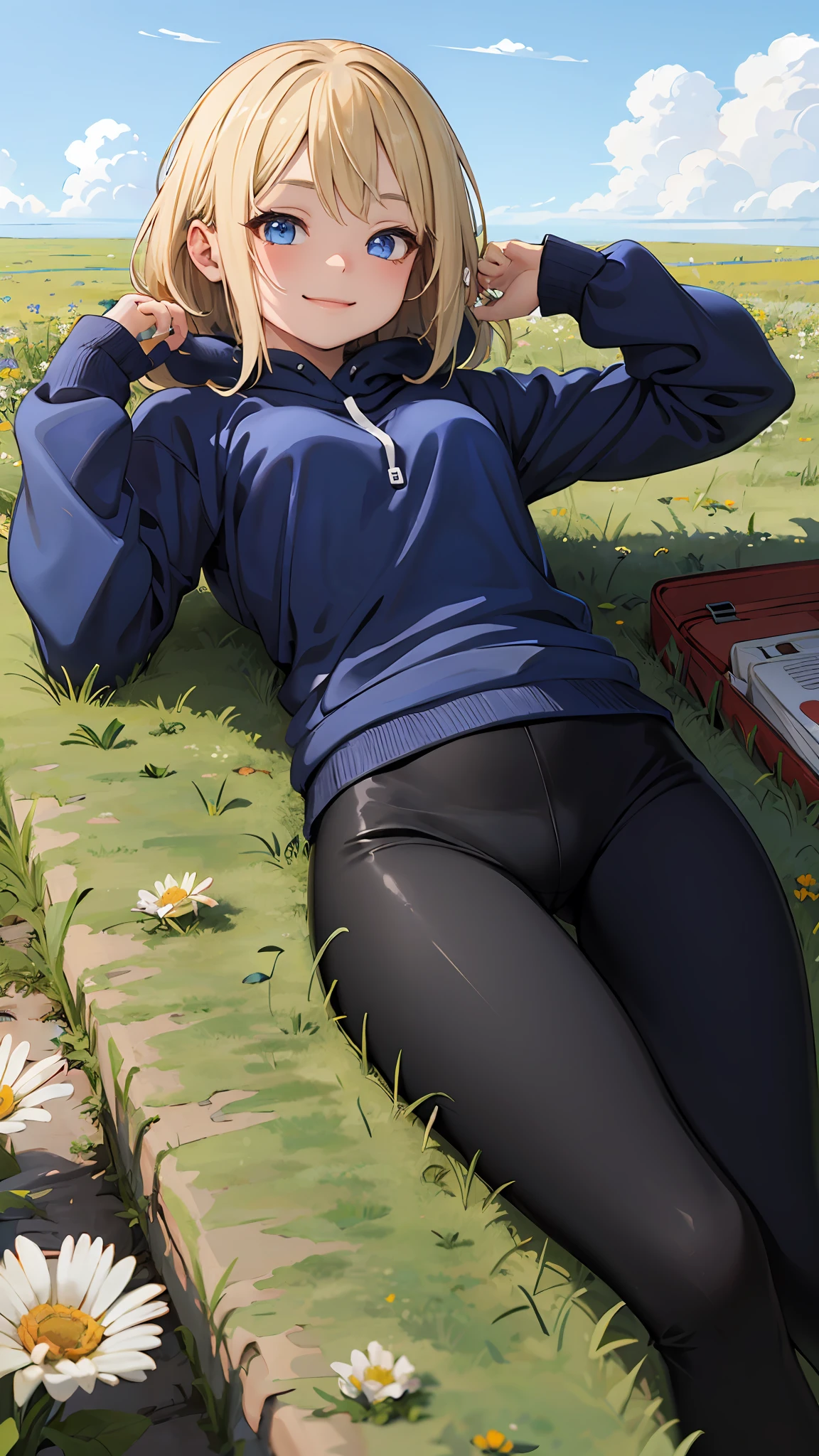 best quality, masterpiece, small breasts, smile, sweatshirt, leggings, outdoors, anime style, grass field, daytime, blue sky, blue eyes, detailed eyes, medium hair, blonde hair, loose hair, bangs, lying down,