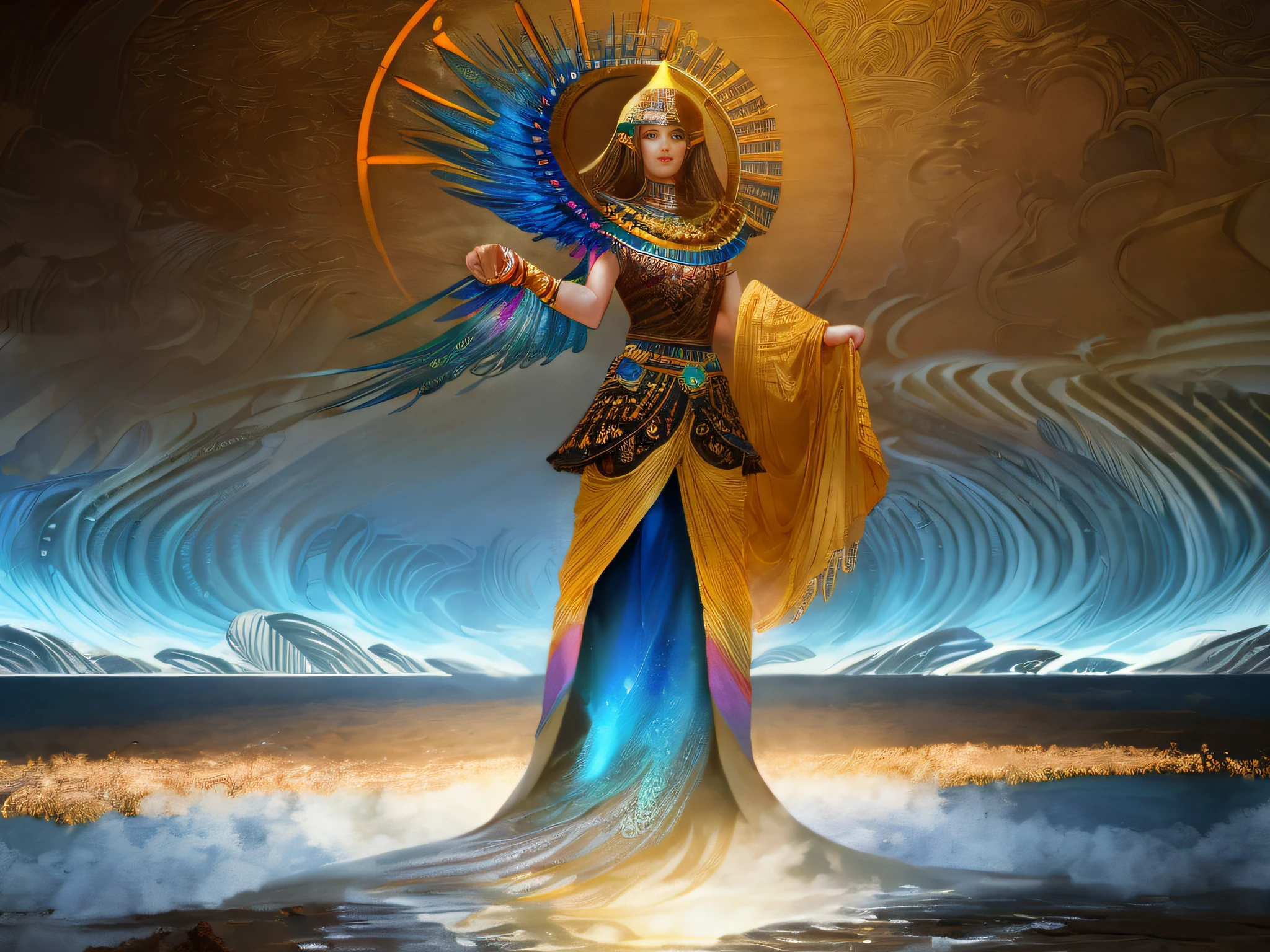 Isis the Goddess of Rainbow, Egyptian woman, peacock feathered wings, long flowing iridescent dress, standing on the edge of the River Nile, glowing yellow eyes, cinematic eye textures, hyper focus on facial details, individual hair strands, beauty filter, BREAK masterpiece illustration portrait, clear skies after the rain background, subsurface scattering, ray traced, depth of field, bokeh, vivid colors, cinematic hard lighting, realistic shadows,