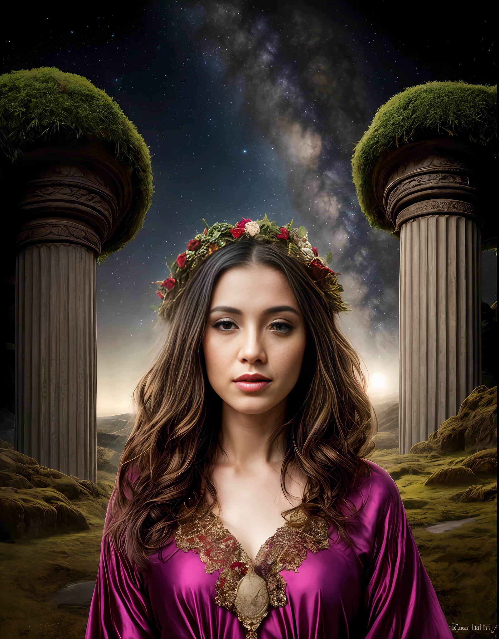 **portrait + landscape, Highly detailed fantasy landscapes, cosmic symbolism, steve sack, noah bradley, columns and totems, cosmic landscape, cosmic art, depicting a dark night's journey, in the style of Tolkien’s Journey, visionary art, mystical landscapes, fantasy composition mastery, alien worlds, the stars art group (xing xing), columns and totems, arcadian landscapes, a set of tall windows with many pictures in the sky, in the style of fantastical otherworldly visions, mystical composition mastery, mushroomcore, enchanting realms, intuitive gestures, furaffinity, elongated forms plus Immerse yourself in the colourful world of an Elven women, closeup, in Elven traditional clothes she poses in the style of mythic storytelling, yigal ozeri, frederick mccubbin, dark green and magenta, karen wallis, kushan empire, craftcore Photographed by David bailey using Hasselblad’s flagship mirrorless medium format camera X2D 100C. 1000mps ,bold vibrant colours