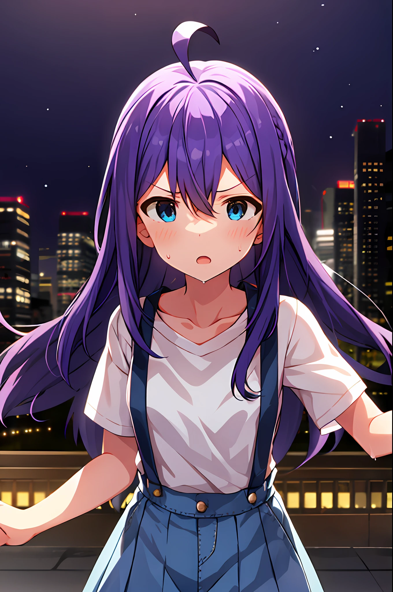 mochizuki anna,1girl in,Solo,Long hair,Purple hair,Small_Ahoge,Blue Eyes.Short stature.white t-shirts.suspenders.Skirt.Night view.Fighting stance.Despair face.Clench your fists.Sweat.Opening Mouth.
