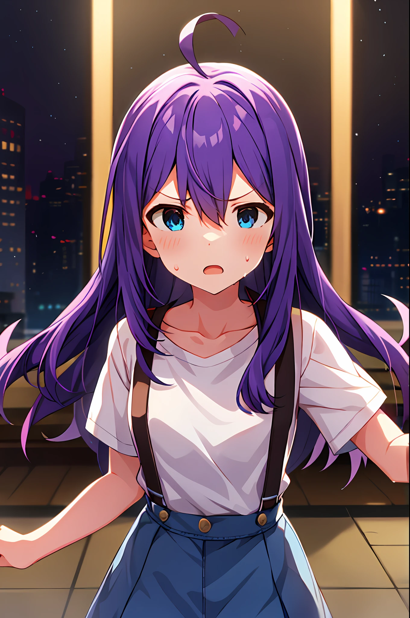 mochizuki anna,1girl in,Solo,Long hair,Purple hair,Small_Ahoge,Blue Eyes.Short stature.white t-shirts.suspenders.Skirt.Night view.Fighting stance.Despair face.Clench your fists.Sweat.Opening Mouth.