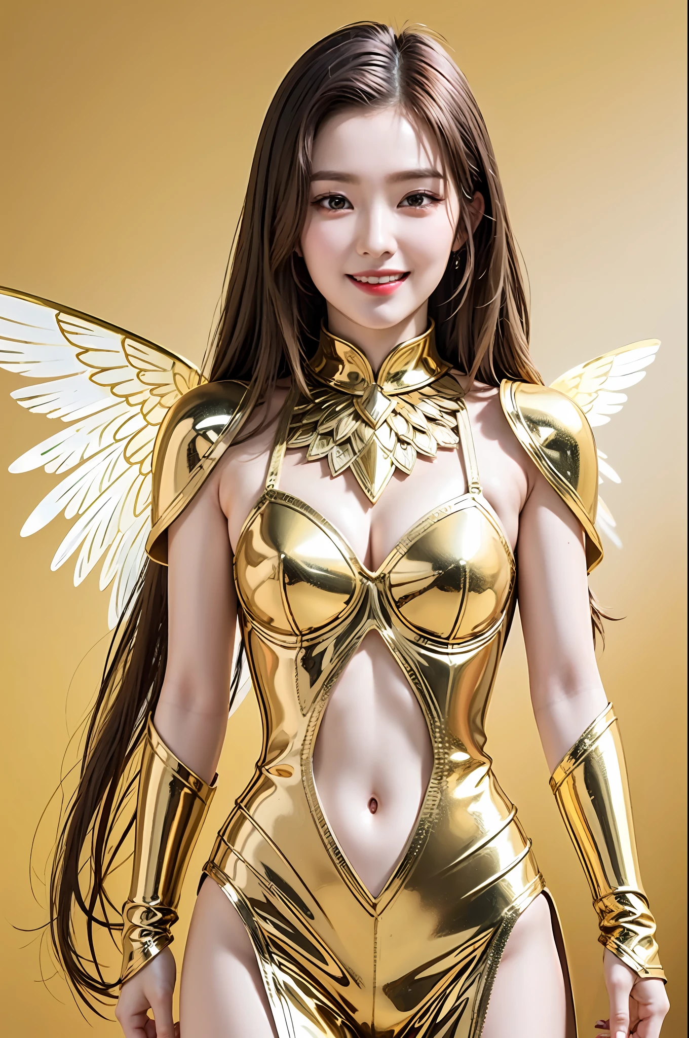 Golden metal armor, Long blonde hair, golden pupils, golden light background, golden transparent wings, metallic texture, Smiling, Golden Eyes, flashing notes around, Maiden, golden starlight, dazzling