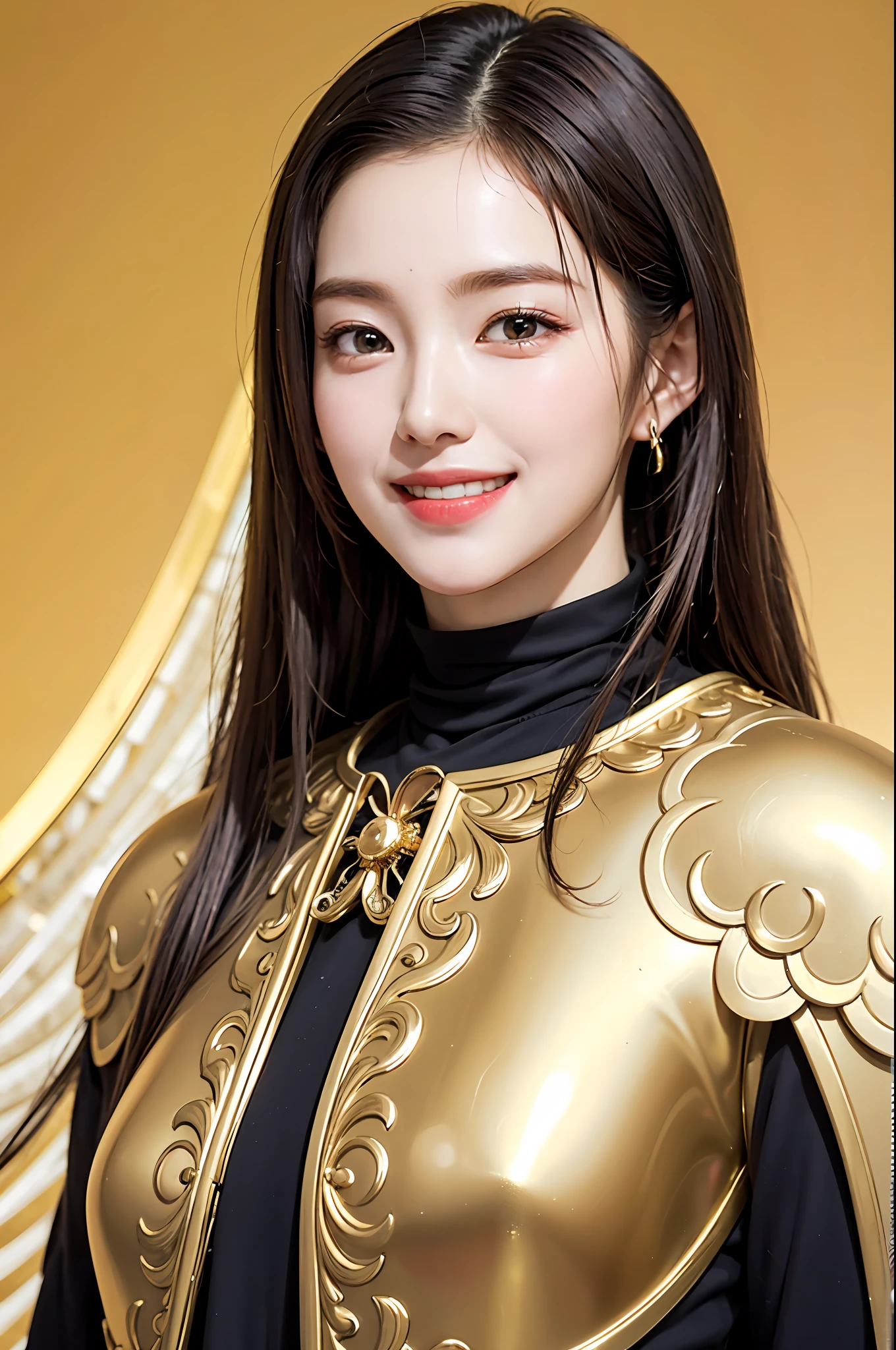 Golden metal armor, Long blonde hair, golden pupils, golden light background, golden transparent wings, metallic texture, Smiling, Golden Eyes, flashing notes around, Maiden, golden starlight, dazzling