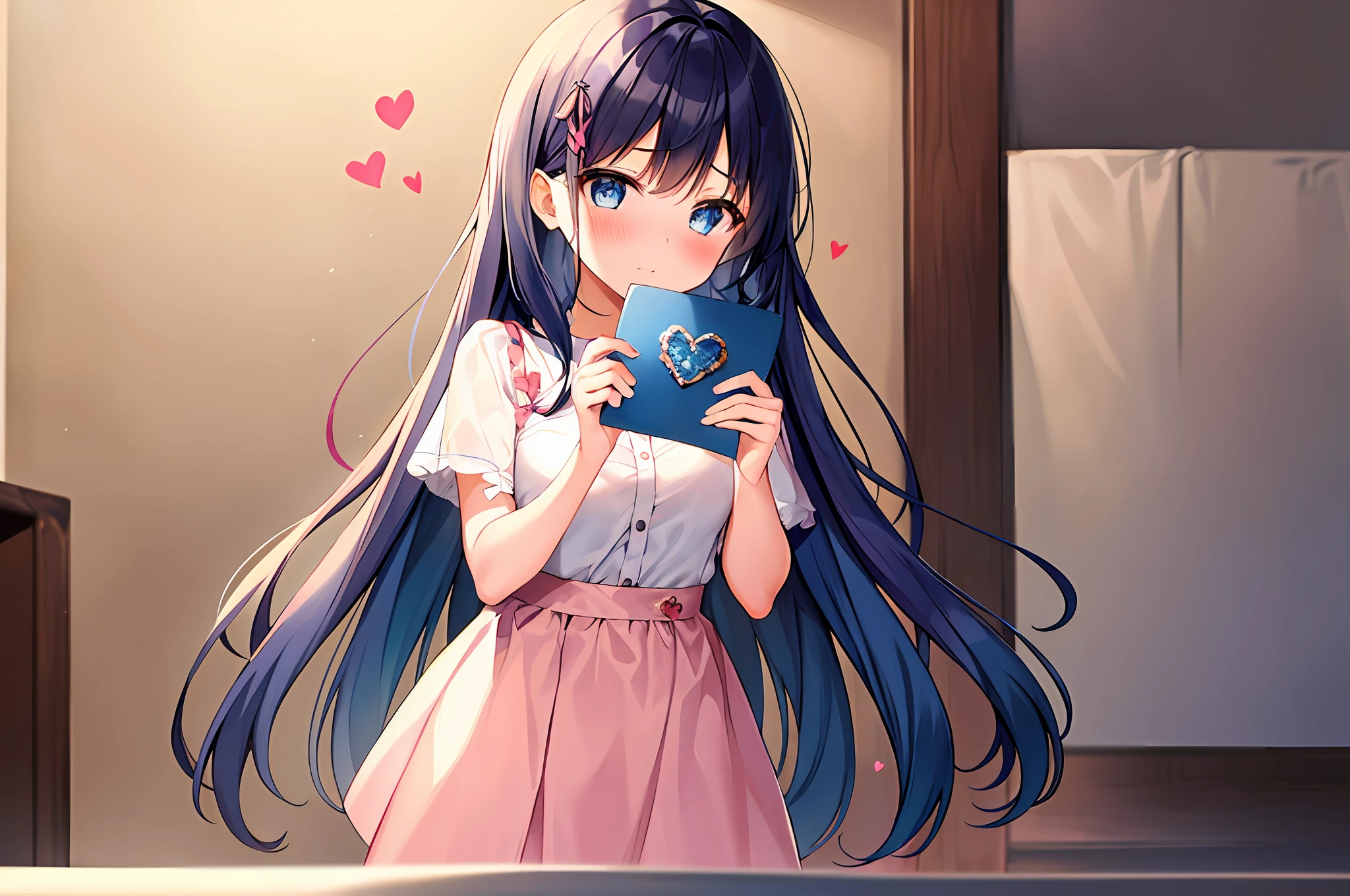 1girl, shy, blushing, blush lines, long blue hair, cute hearts decor, looking_to_the_side , cowboy shot, blurred foreground, love letter