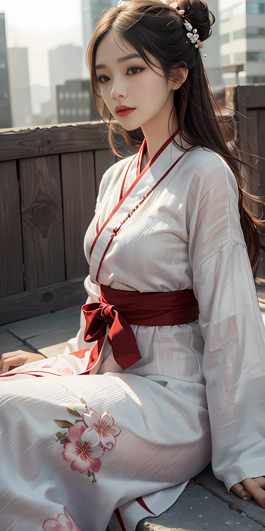 This realistic Korean-style beauty has a beautiful face，Her face is beautiful and slightly sculptural。Her eyebrows are slender and natural，The slight curvature reveals her soft qualities。Her eyes are slightly charming，Bright and divine，The depth of the eyeballs and the soft curves of the eyes reveal her mystery。Her slender, recumbent eyes may have slightly upturned eyelashes，Makes her eyes more attractive。
Her nose is small and delicate，Has a proper nose bridge line and straight nose wings。Her lips are rosy and plump，Fusion of Korean actors，The curve of her lips makes her smile even more charming。Her chin is well defined，Elegant lines，Cut out sharp contours，It brings a touch of determination and independence to her face。
Her skin is as smooth as jade，The sense of transparency is breathtaking。The complexion has a naturally soft glow，No blemishes and blemishes。Subtle wrinkles show her maturity and confidence。Her cheeks may be filled with a natural and crimson flush，Make her look more fresh and moving。
Her hairstyle may have been inspired by Korean fashion，It could be an elegant and layered bun or long hair with natural waves。She may have some subtle changes in hair color，Such as caramel color or light brown，Highlight her skin color and facial features。
Continue to stretch down，She may be wearing a set of traditional hanbok or modern Korean fashion outfits。Traditional hanbok may have gorgeous details and patterns，Modern Korean fashion may show her fashion taste and personality。
The whole picture，I use perspective and shadows to represent the environment in which she stands，Probably the roof of a tall building，to highlight her contrast with the cityscape。The background may be a modern building or a traditional hanok，It is also possible to incorporate some elements of natural landscape，Such as mountains or cherry blossom trees。
generally，The characteristics of this Korean-style beauty include:：Beautiful face shape、Slender and natural eyebrows、Bright and God's eyes、Small