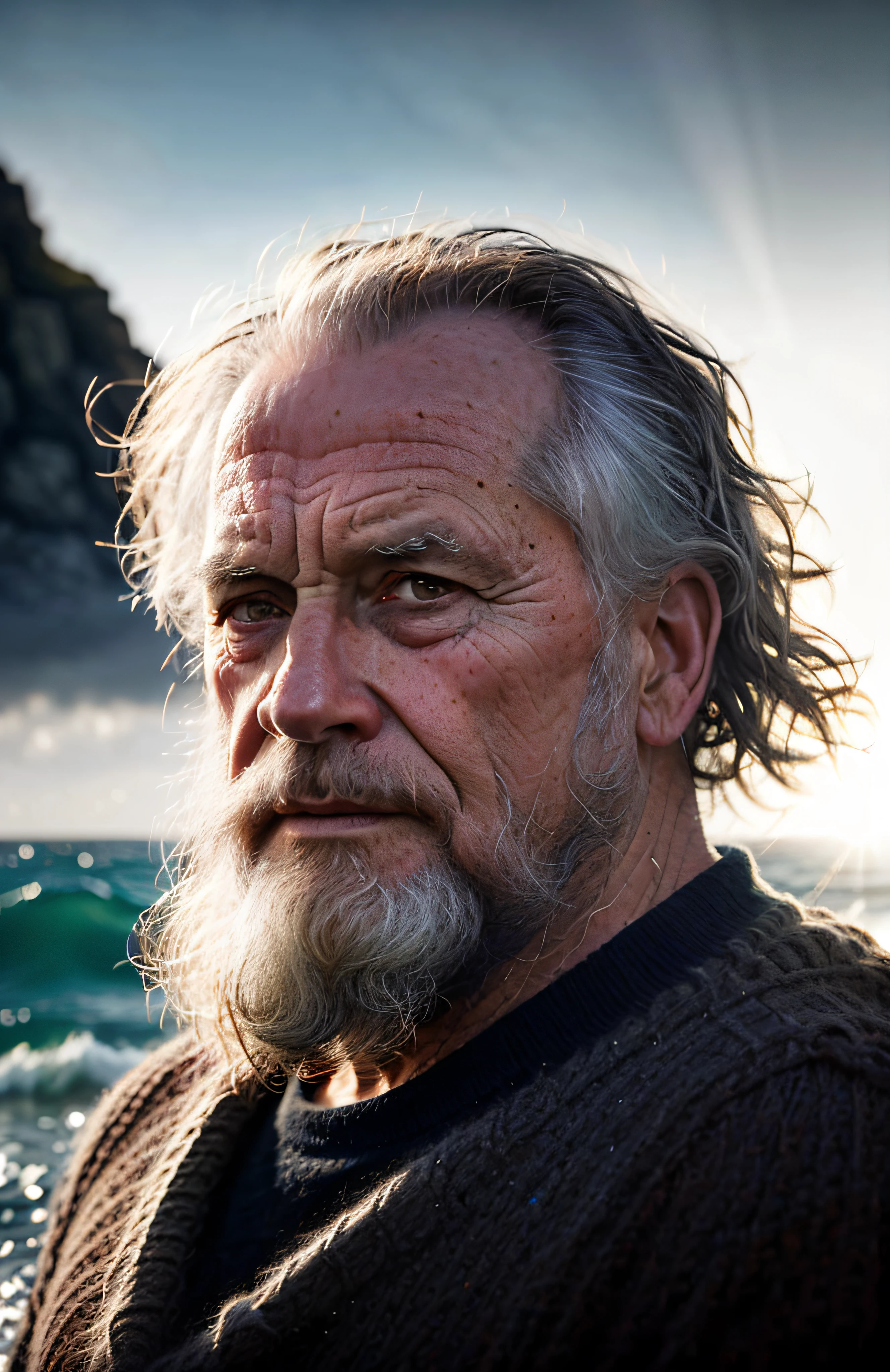 award winning portrait photo of an older male medieval grizzled sailor in a knitted sweater with wrinkles on face, ocean, waves, mountain cliffside with breaking waves, stormy, sinister, evil, (backlighting:1.3), digital painting, concept art, smooth, sharp focus, rule of thirds, dark fantasy,intricate details, medium shot