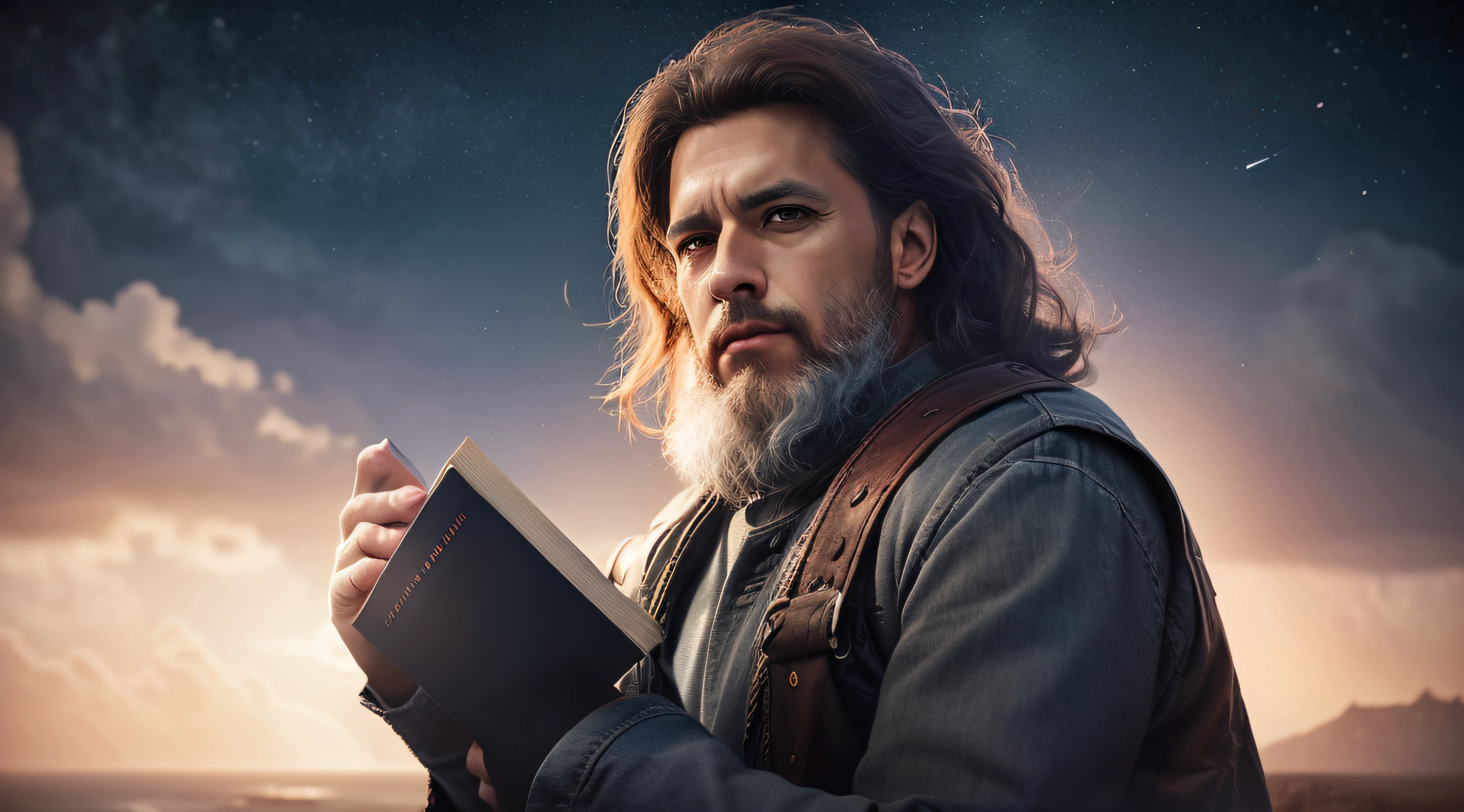 hyper realistic book cover of man 35 years dreaming of a better life looking at the horizon blurred background cinematic,photorealistic, dark studio, rim lighting, two-tone lighting,8k uhd, dslr, soft lighting, high quality, volumetric lighting, sincere, photography, high resolution,