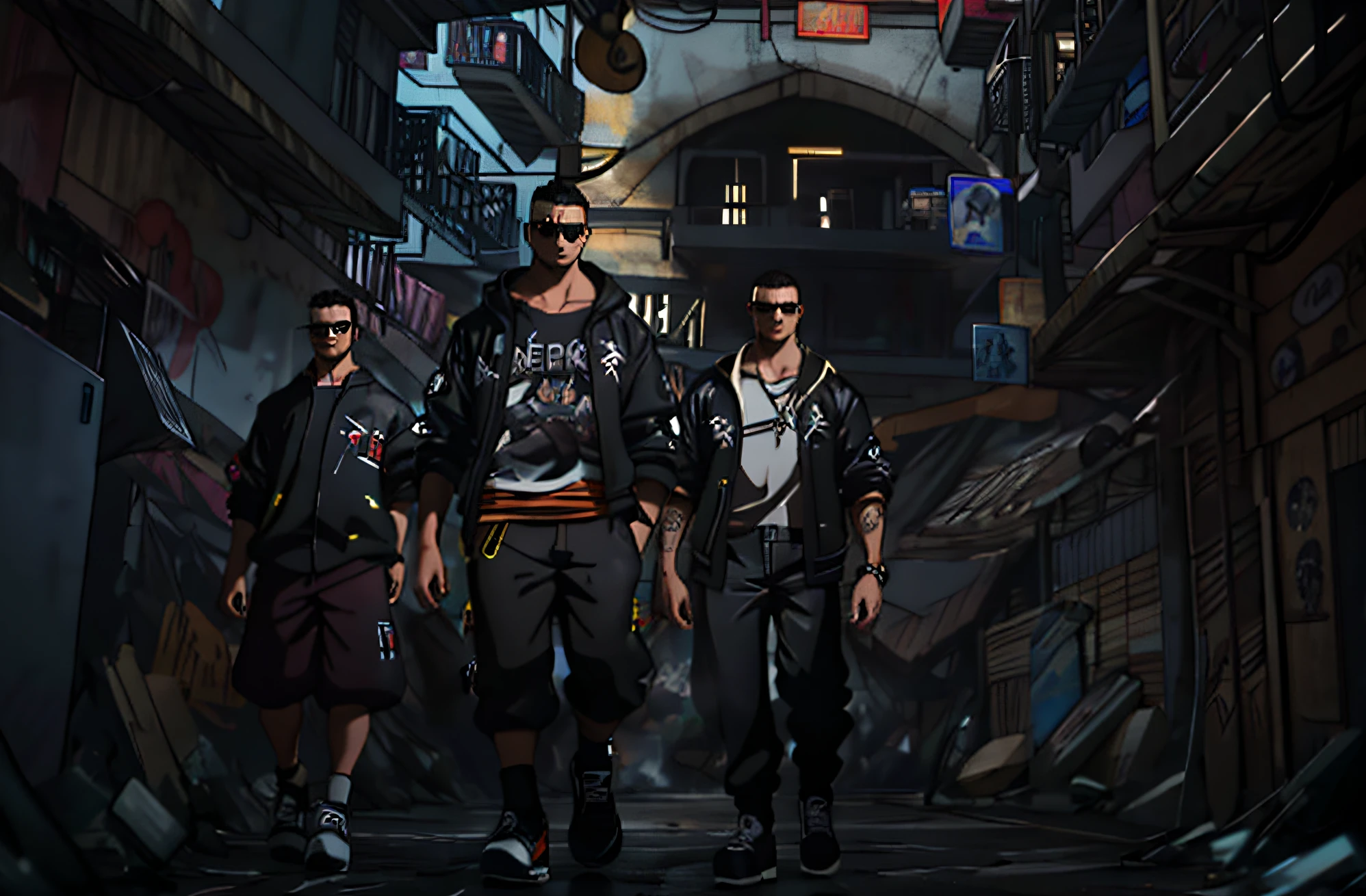 Create a 3D animation depicting three young gangsters with hip hop style. Um deles deve ter um charuto na boca, another holding a glass and the last holding money. Emphasize a dark street scenario, but sharp, with dancing girls admiring them. The scene should convey an atmosphere of gangster power and confidence, with fluid movements and striking facial expressions. Use vibrant colors and neon lights to enhance the ambience of nighttime riches. A IA deve ser capaz de criar uma imagem impactante e cheia de energia, transmitindo o estilo e a atitude dos jovens gangsters do hip hop. estilo Favela Brasil