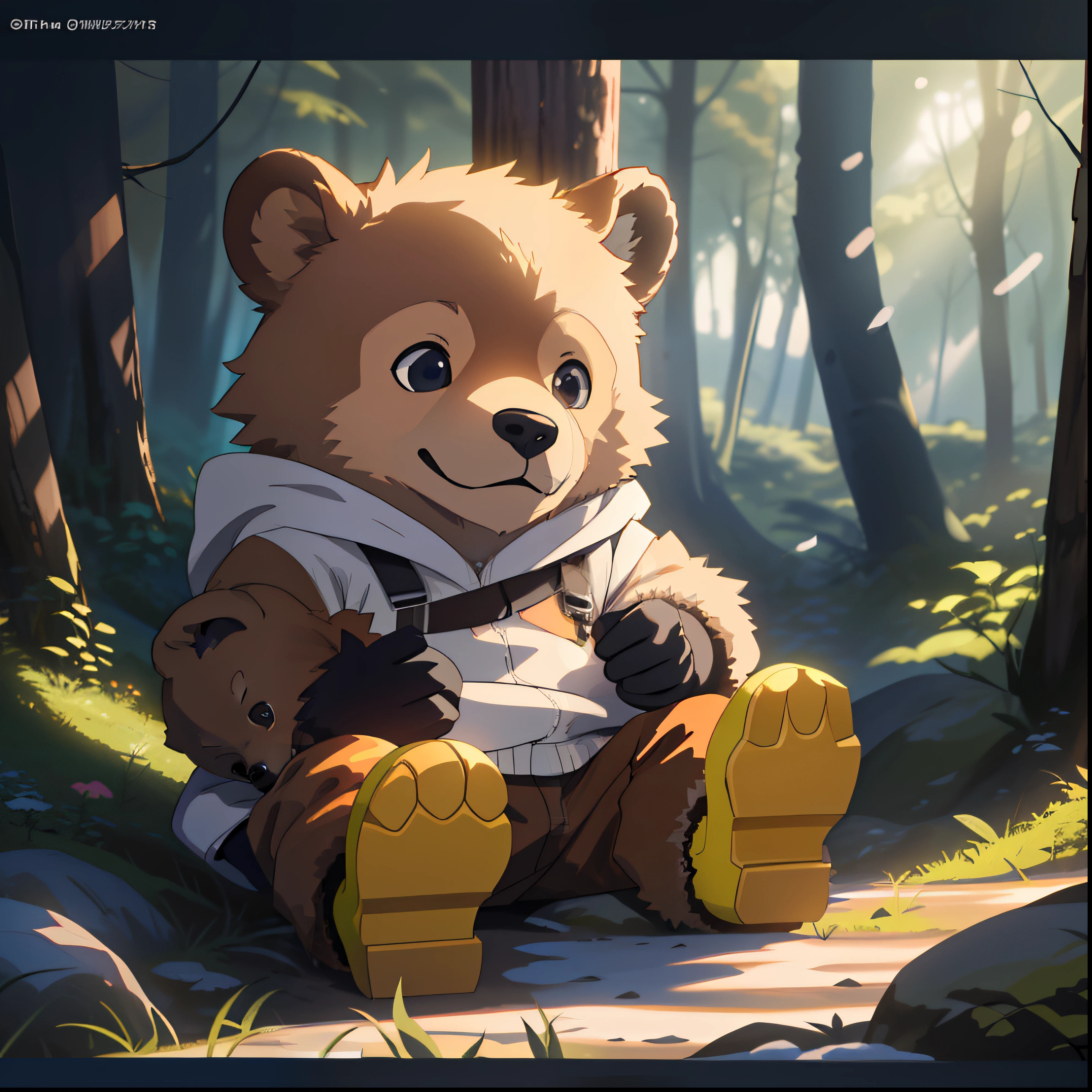 Um fofo pequeno urso branco, antro, vestindo moletom vermelho, wearing golden boots, brincando em uma floresta nevada, estilo anime, High resolution 4K