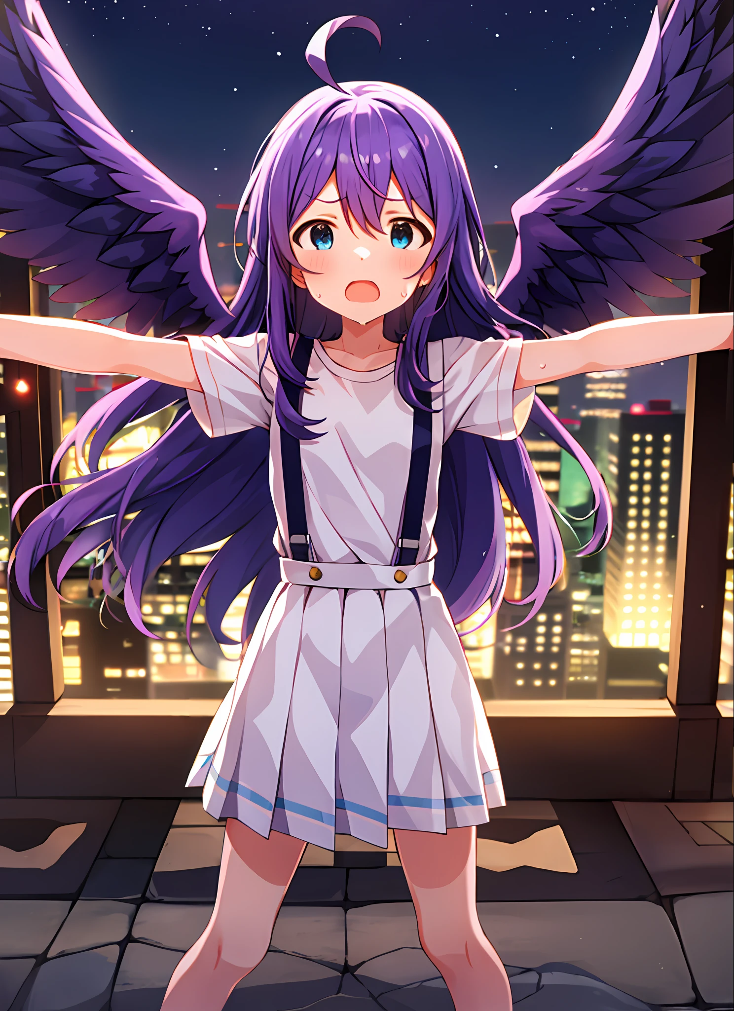 mochizuki anna,1girl in,Solo,Long hair,Purple hair,Small_Ahoge,Blue Eyes.Short stature.white t-shirts.suspenders.Skirt.Night view.Spread your arms.Despair face.Sweat.Opening Mouth.Angel wings