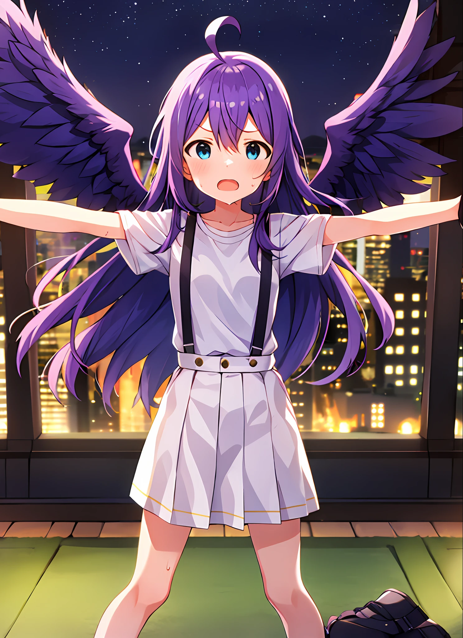 mochizuki anna,1girl in,Solo,Long hair,Purple hair,Small_Ahoge,Blue Eyes.Short stature.white t-shirts.suspenders.Skirt.Night view.Spread your arms.Despair face.Sweat.Opening Mouth.Angel wings