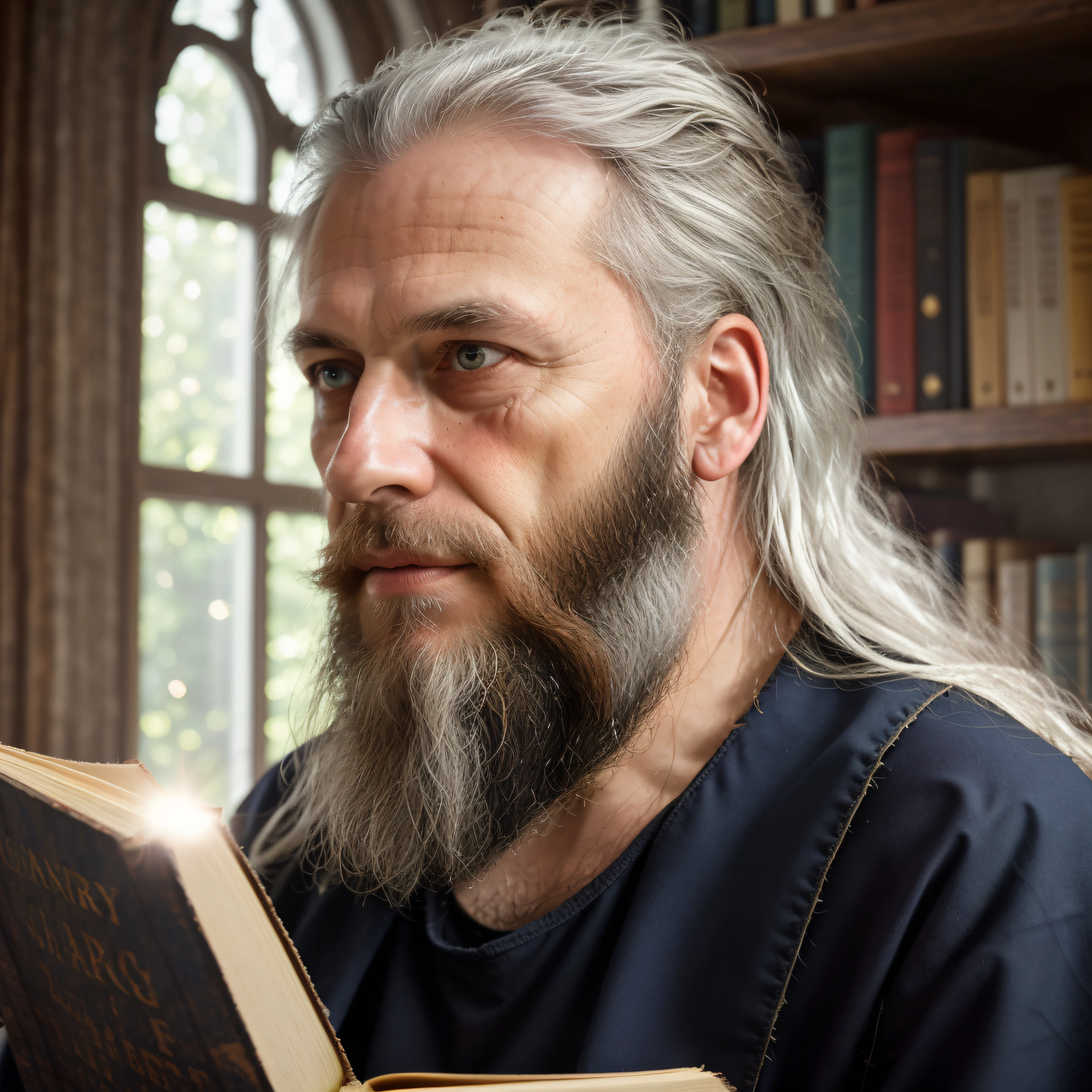 (((smhcgty))), (((hyperrealistic face))), award winning waist up photo of a rugged fantasy wizard, wearing torn wizard robes, old and wrinkled, long white hair and beard, blue eyes, library, books in foreground, large window in background, fantasy, wonder, amazing, magical tools on table in background, bright wizard office or study, high contrast, shiny skin, backlighting, bloom, light sparkles, chromatic aberration, sharp focus