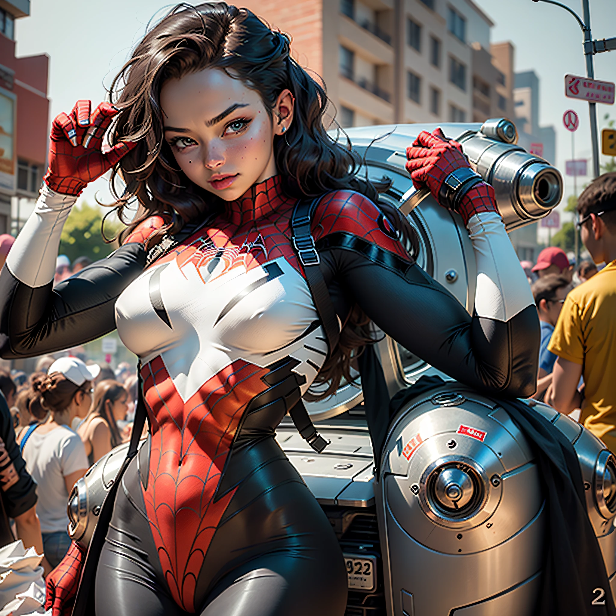 (tiny breast:0.9) Spider-Man cosplay, Beautiful Female Character, (Defined body:0.8), Present it in detail.