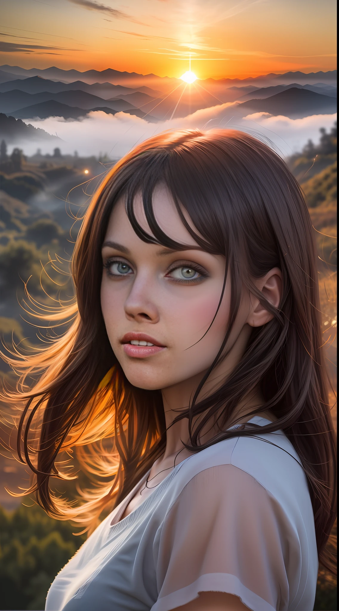 (8K BRUTO ,HDR)Rosto de Menina morena cabelo curto PRETO e cacheado , rosto com sardas e manchas pele suada (olhos pretos ), background with mountains and sunset, double exposure merged,Realistic fog,