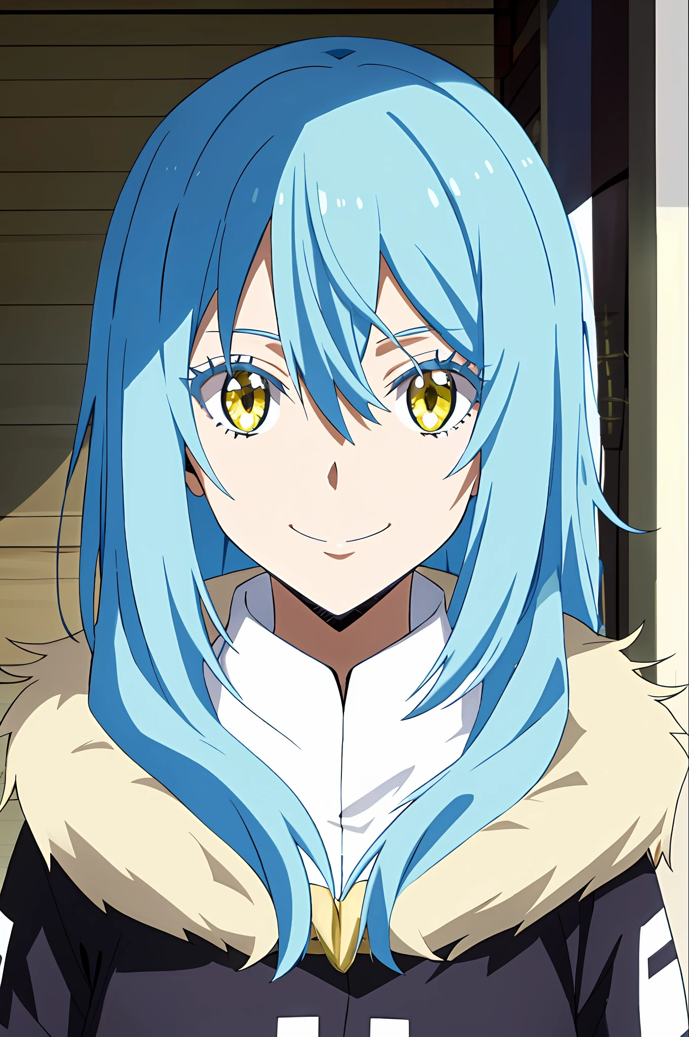 tensura, Shirt, Yellow eyes, Blue hair, Smile, Long hair, 1other, Hair between the eyes, looking to viewer, Bangs, 独奏, fur-trim, closed mouth, androgynous, at street, colored eyelashes, Shiny hair, ((Masterpiece))