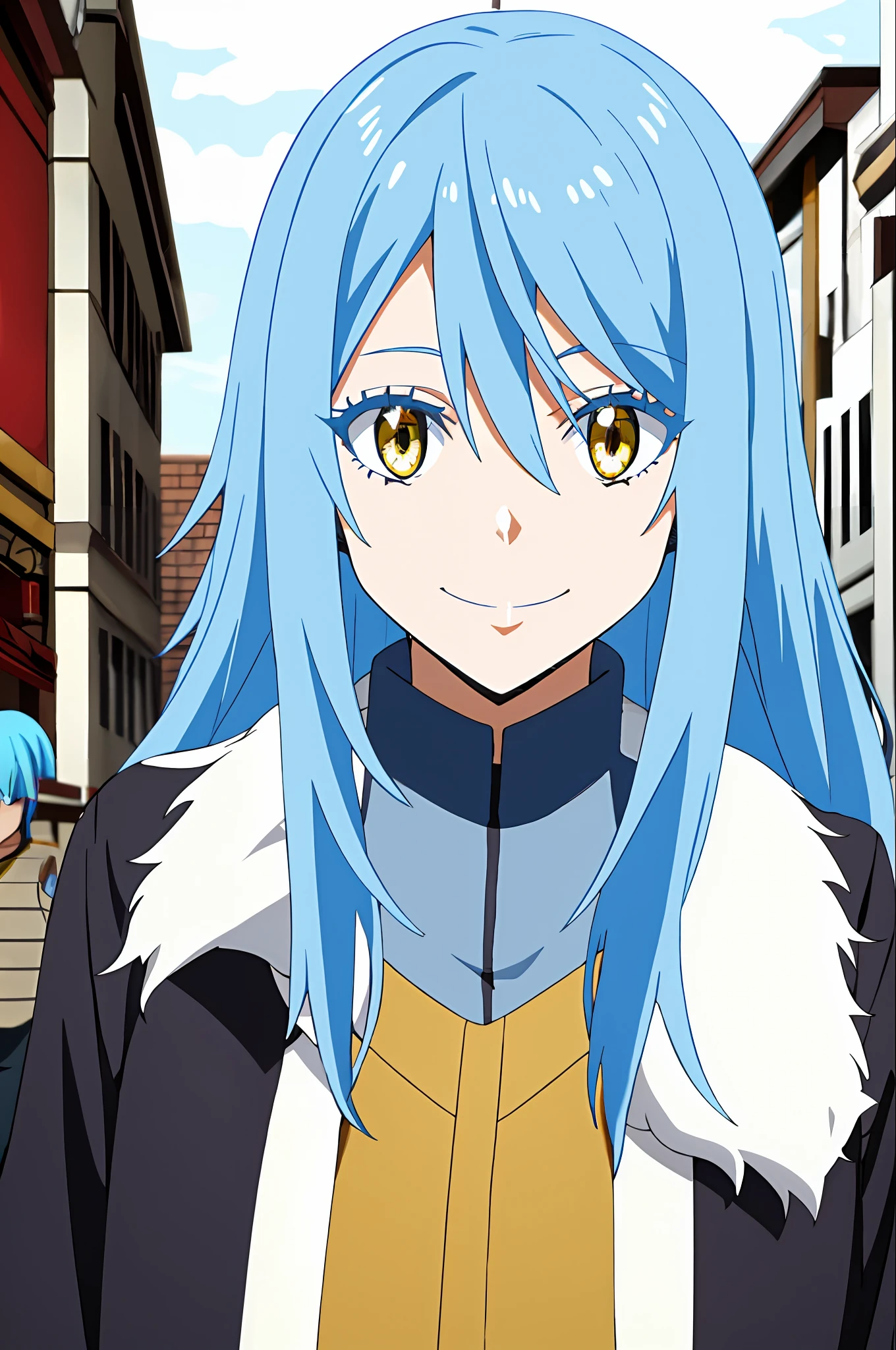 tensura, Shirt, Yellow eyes, Blue hair, Smile, Long hair, 1other, Hair between the eyes, looking to viewer, Bangs, 独奏, fur-trim, closed mouth, androgynous, at street, colored eyelashes, Shiny hair, ((Masterpiece))