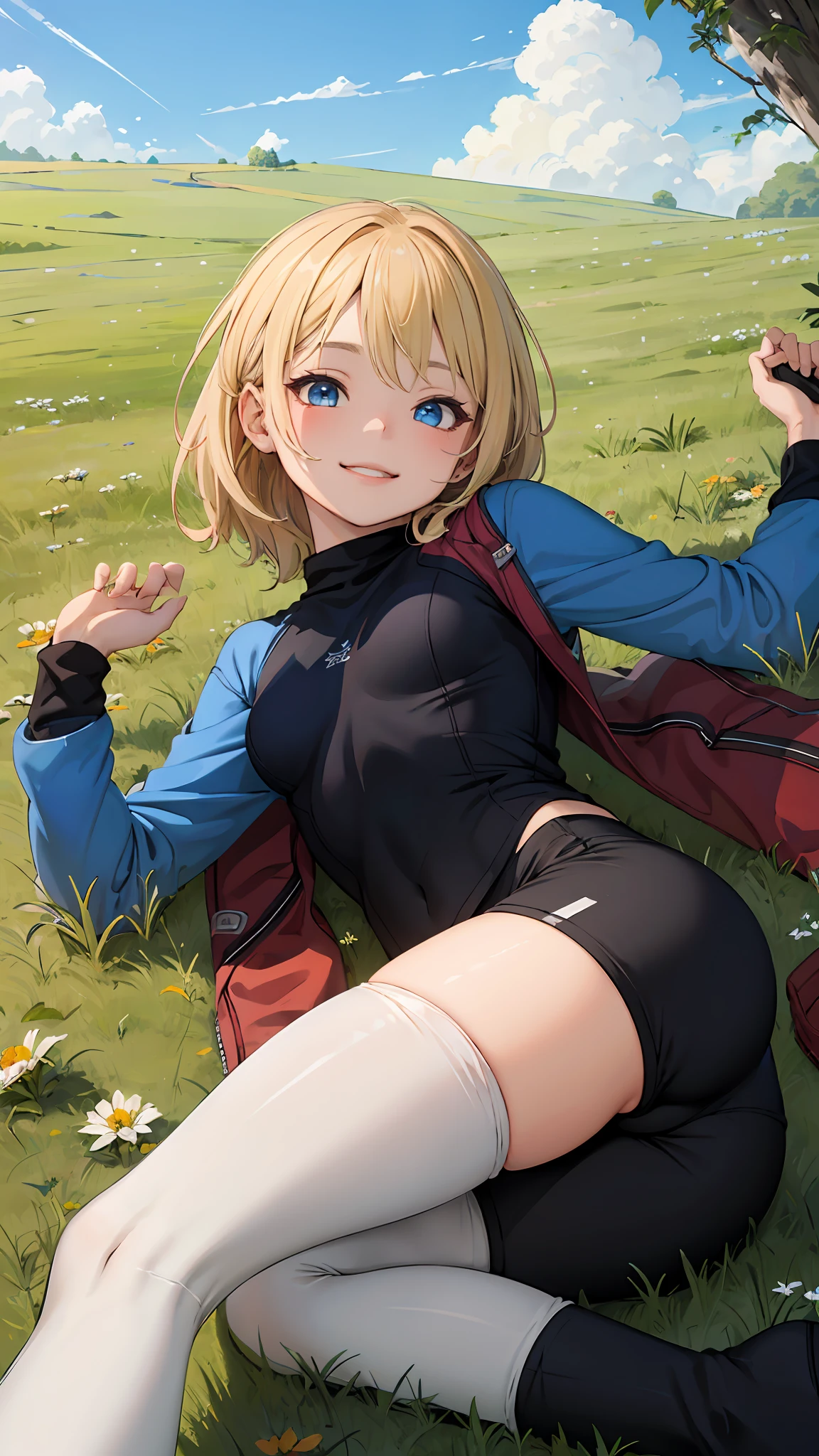 best quality, masterpiece, small breasts, smile, sweatshirt, leggings, outdoors, anime style, grass field, daytime, blue sky, blue eyes, detailed eyes, medium hair, blonde hair, loose hair, bangs, lying down, ass,