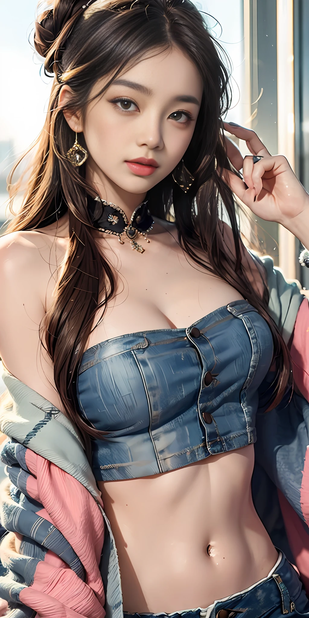 This realistic Korean-style beauty has a beautiful face，Her face is beautiful and slightly sculptural。Her eyebrows are slender and natural，The slight curvature reveals her soft qualities。Her eyes are slightly charming，Bright and divine，The depth of the eyeballs and the soft curves of the eyes reveal her mystery。Her slender, recumbent eyes may have slightly upturned eyelashes，Makes her eyes more attractive。
Her nose is small and delicate，Has a proper nose bridge line and straight nose wings。Her lips are rosy and plump，Fusion of Korean actors，The curve of her lips makes her smile even more charming。Her chin is well defined，Elegant lines，Cut out sharp contours，It brings a touch of determination and independence to her face。
Her skin is as smooth as jade，The sense of transparency is breathtaking。The complexion has a naturally soft glow，No blemishes and blemishes。Subtle wrinkles show her maturity and confidence。Her cheeks may be filled with a natural and crimson flush，Make her look more fresh and moving。
Her hairstyle may have been inspired by Korean fashion，It could be an elegant and layered bun or long hair with natural waves。She may have some subtle changes in hair color，Such as caramel color or light brown，Highlight her skin color and facial features。
Continue to stretch down，She may be wearing a set of traditional hanbok or modern Korean fashion outfits。Traditional hanbok may have gorgeous details and patterns，Modern Korean fashion may show her fashion taste and personality。
The whole picture，I use perspective and shadows to represent the environment in which she stands，Probably the roof of a tall building，to highlight her contrast with the cityscape。The background may be a modern building or a traditional hanok，It is also possible to incorporate some elements of natural landscape，Such as mountains or cherry blossom trees。
generally，The characteristics of this Korean-style beauty include:：Beautiful face shape、Slender and natural eyebrows、Bright and God's eyes、Small