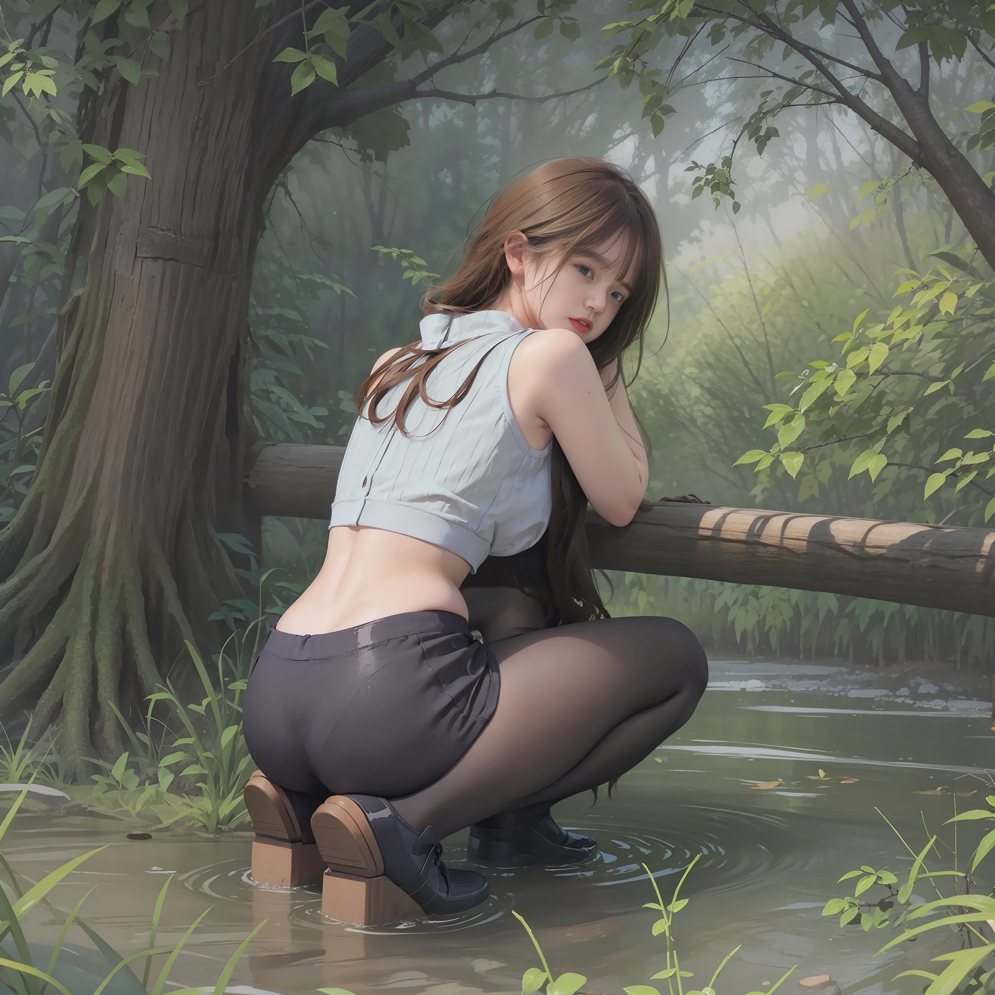 The woman squats with her back to her