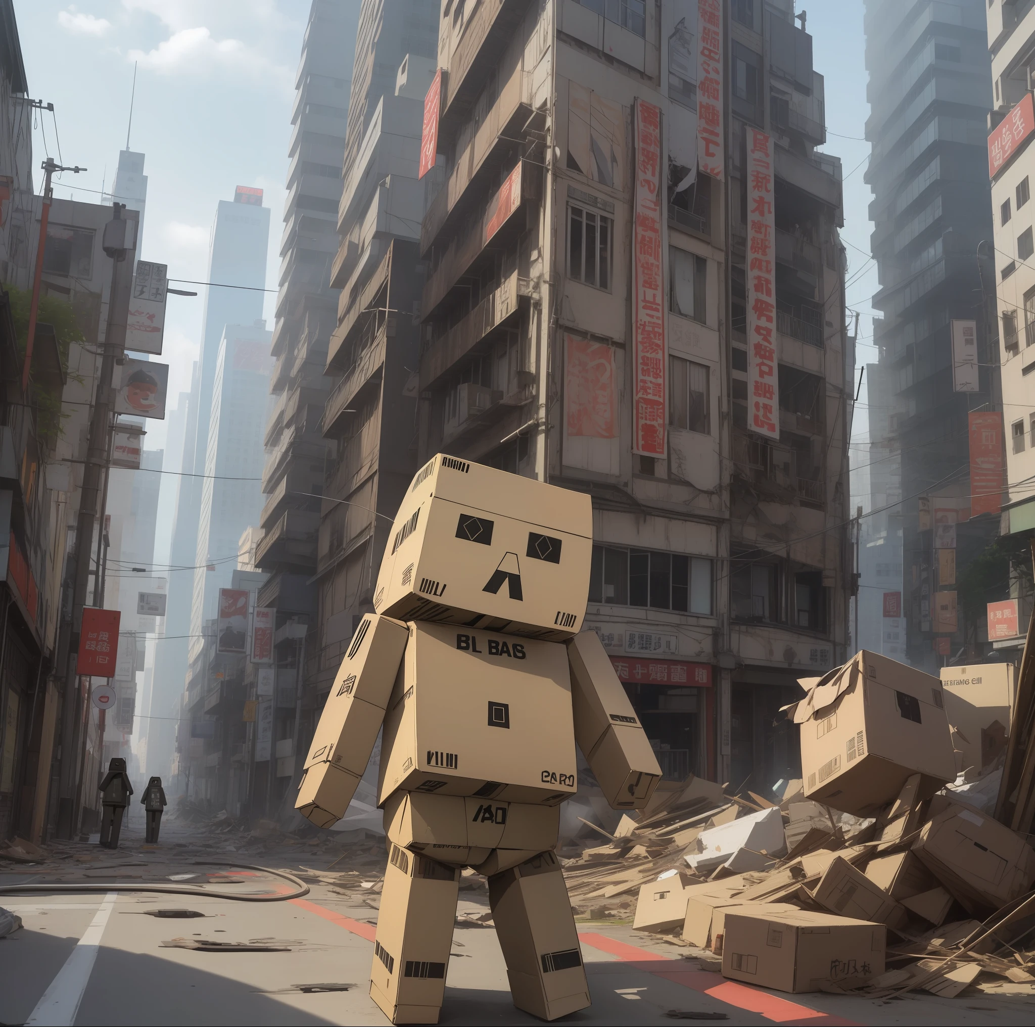 (danbo, Bigger than Bill:1.3)、Running away from the city、Multi-tenant building、Bustling street、signboard、City proclamation monitor showing disaster、rubbish、devastated、Sunnyday、miscellaneous、Big fire、