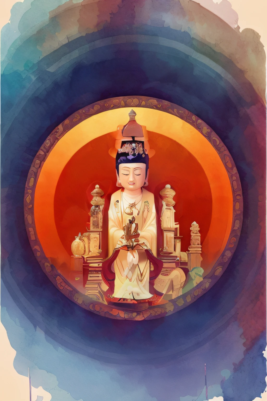 a painting of a buddha statue in a circular frame, O Buda, budismo, full color illustration, em um templo, inspirado em Victo Ngai, por Aya Goda, Estilo Victo, Buda, Arte budista, budista, Botticelli e Victo Ngai, a beautiful artwork illustration, ( ( Victo ngai ) ), monge meditar