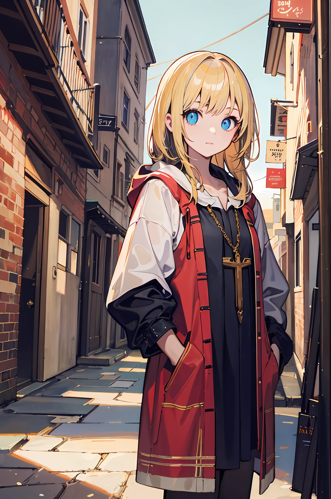masterpaintings, beste-Quality, 1girl, blue eyess, goldenhair, medieval cities, looking at the spectator, robe, hands in pocket