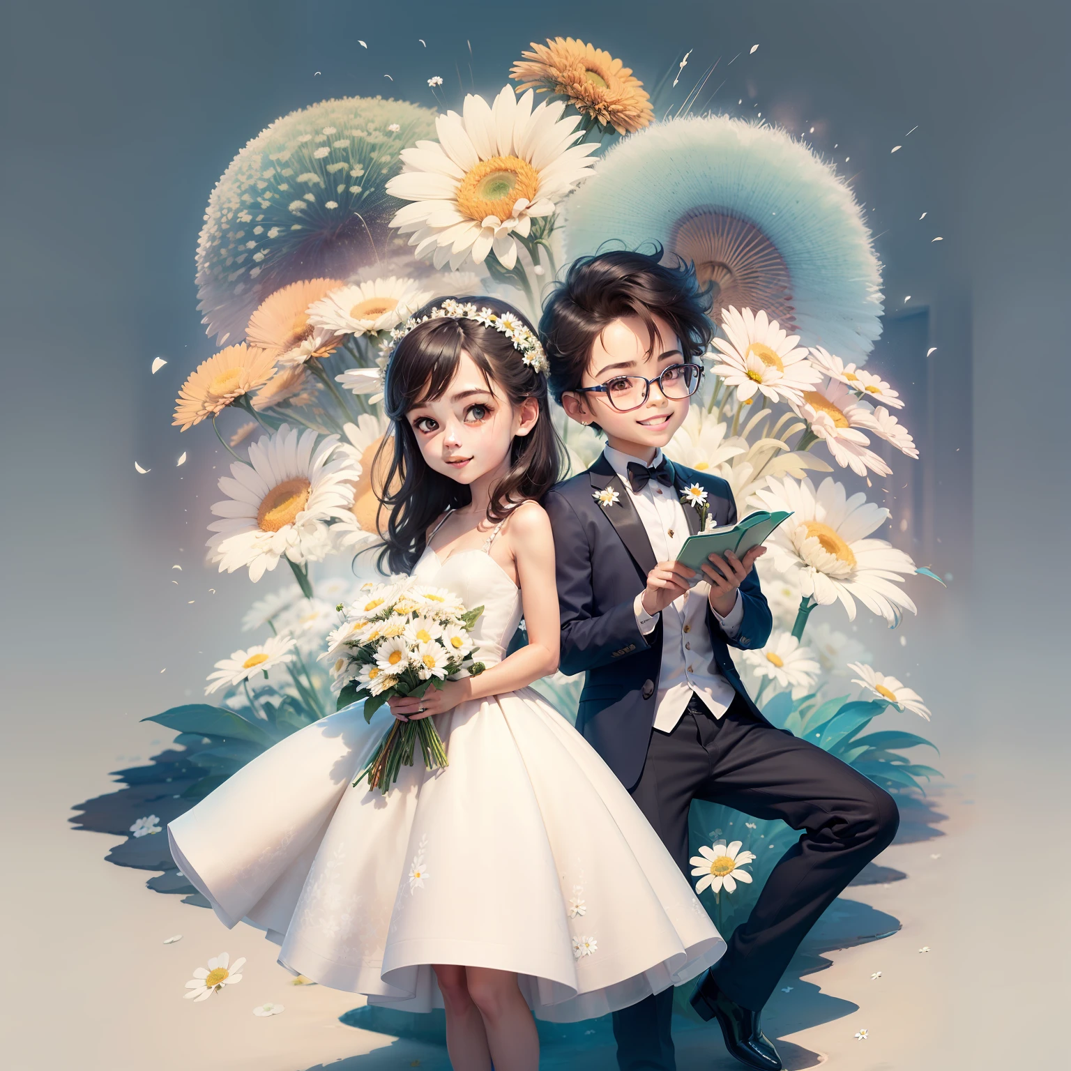 1 adesivo, manual, (etiqueta, 1 menino e 1 menina, Terno azul royal, vestido de noiva), Felizes, alegria, felicidade, Glasses boy, (cabelos castanho claro) bouquet, ((Bouquet of white daisies)), salute, jardim, Aquarela, fundo branco, fundo simples, minimum, fofo, tiny, cor pastel, estilo vetorial, Sem gradiente