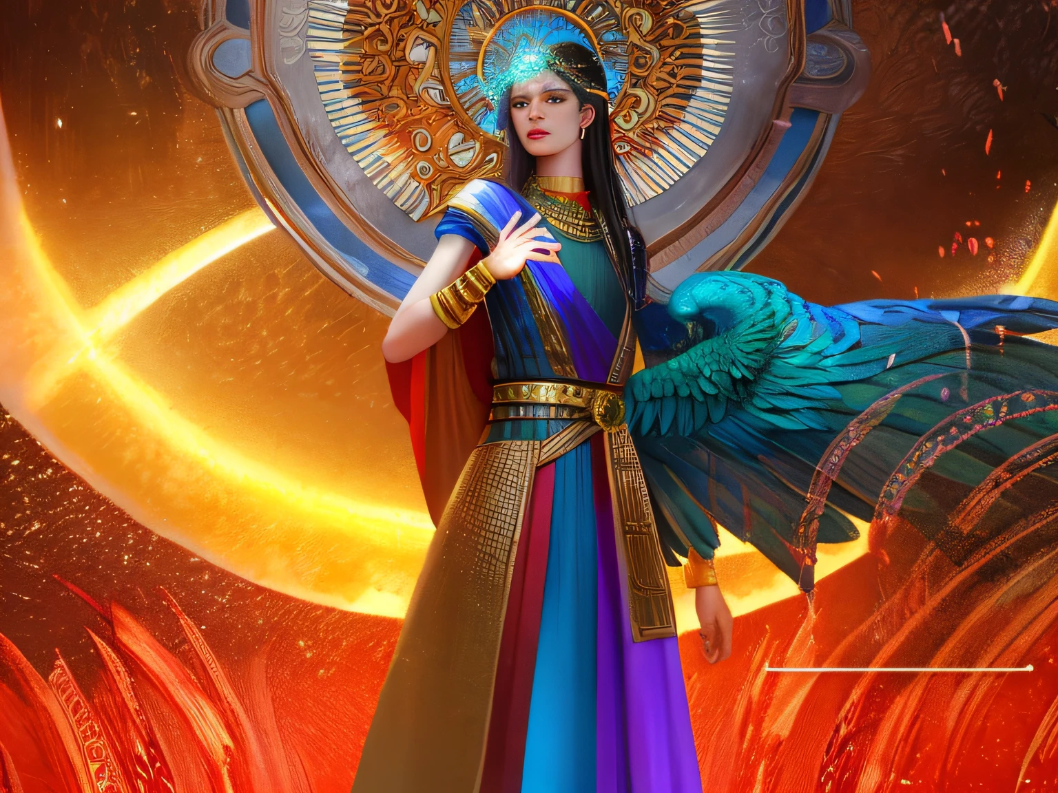 Isis the Goddess of Rainbow, Egyptian woman, peacock feathered wings, long flowing iridescent dress, standing on the edge of the River Nile, glowing yellow eyes, cinematic eye textures, hyper focus on facial details, individual hair strands, beauty filter, BREAK masterpiece illustration portrait, clear skies after the rain background, subsurface scattering, ray traced, depth of field, bokeh, vivid colors, cinematic hard lighting, realistic shadows,