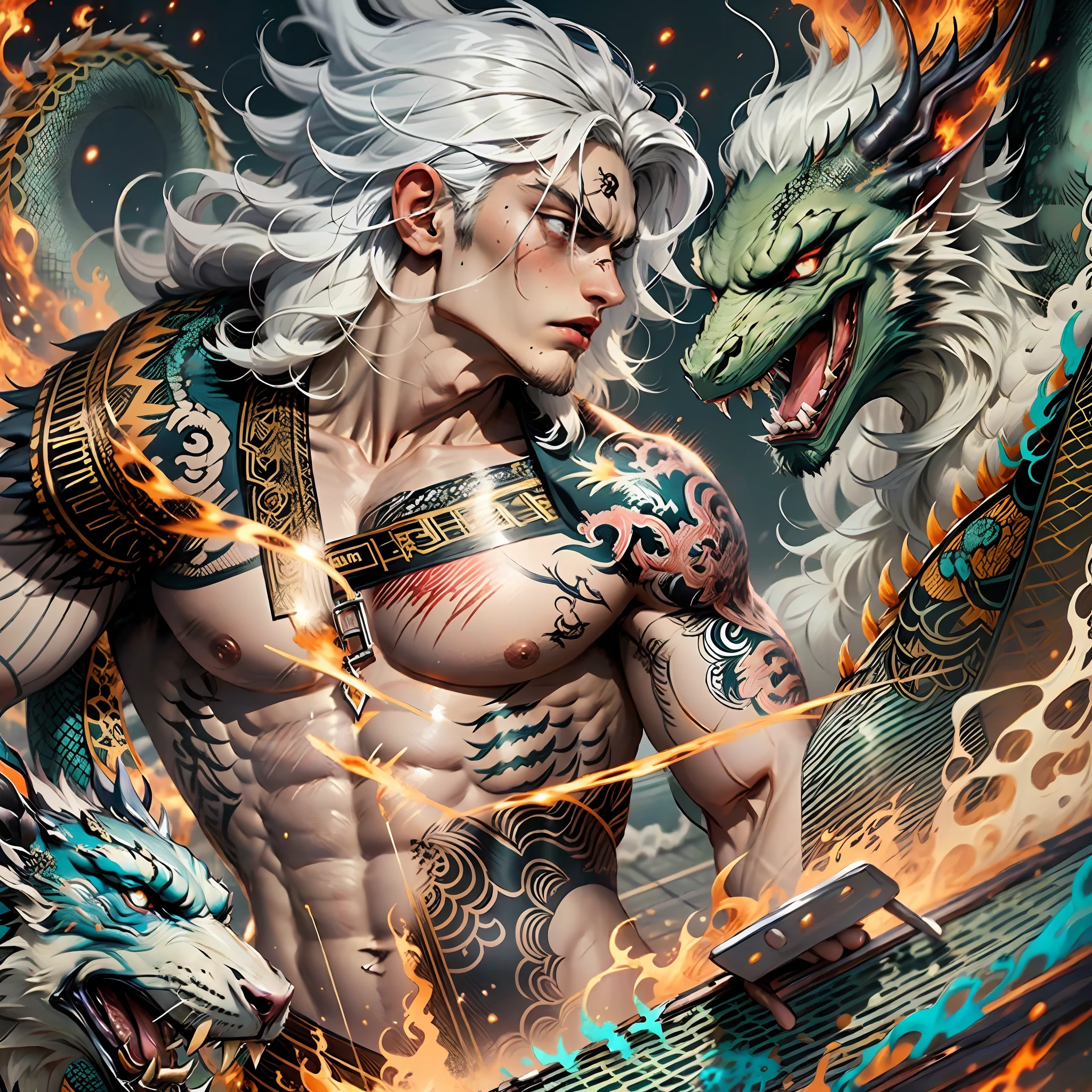 1boy, Dragon look alike, white hair, dragon in the background, fire breath, angry looking, shouting to the heaven, musculer, flames, bleeding
