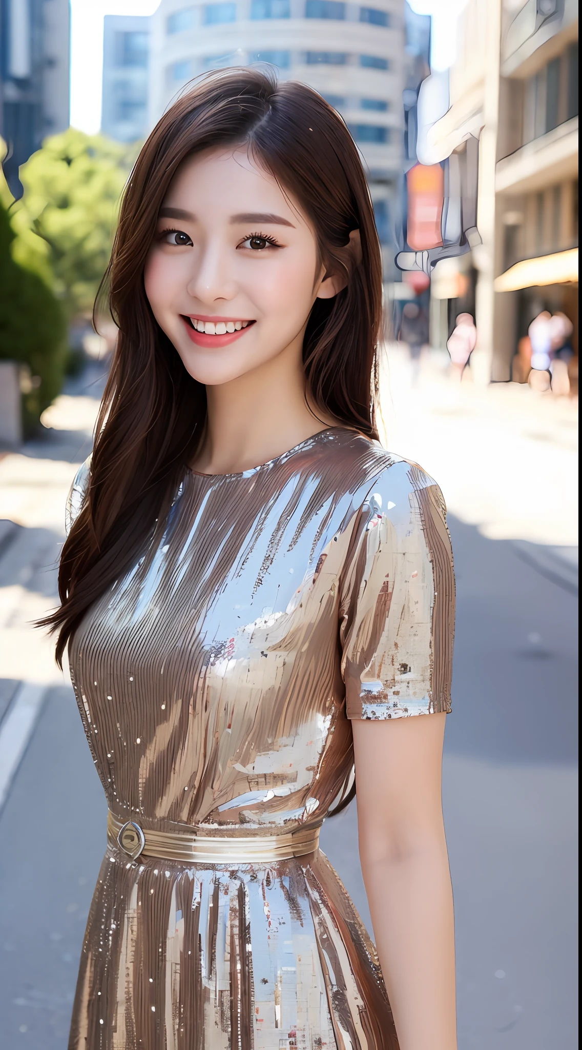 ((Best quality, 8k, Masterpiece :1.3)), 1girl, smiling, full body, slim face, Pretty woman, (Dark brown hair), full length dress :1.1, Ultra-detailed face, Detailed eyes, Double eyelid, blur background, slim face, city, outside, street,
