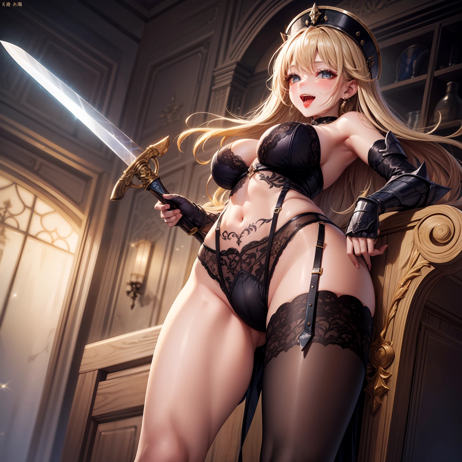 20's、sunburnt skin、a sword、s Armor、armor、thickness、large tits、面長、length hair、Red lips、Dark eyeshadow、a blond、Tight、Upholstered stockings、an lingerie、vivid、Angle from below、Lustrous、Glittering eyes、Bright eyes、Gloss、ponie tail、Open back、Black lace、Race throughout、Intricate and delicate decoration on the whole body、The inner color hair color is lime、Cleft in the crotch、Full body tattoo、Raised 、saliva、Drooping liquid、Open mouth、Mocking smile、scornful、contempt