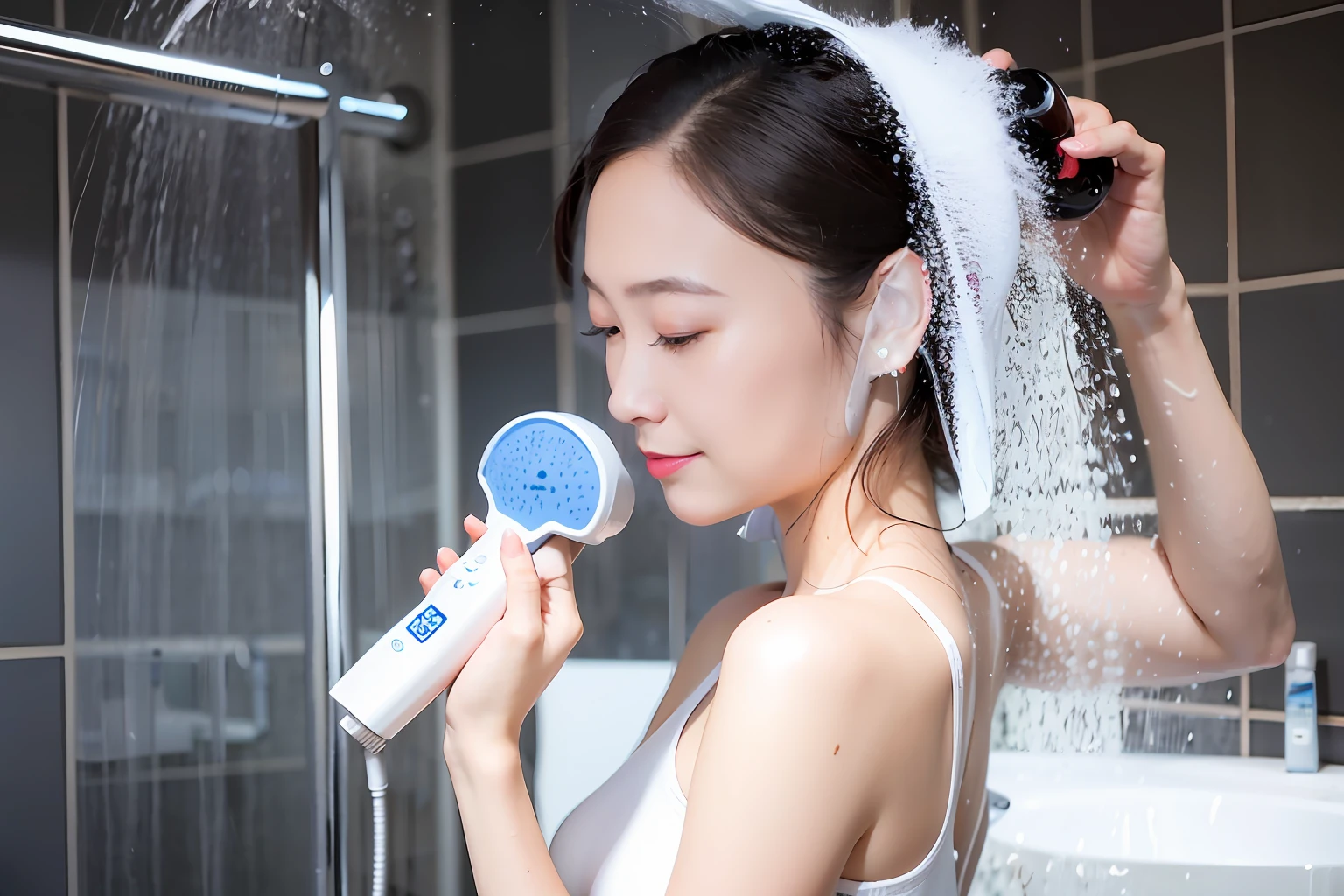 In the bathroom where you take a shower,The shower sprays cool water droplets,Creates a soft mist,Full of comfort。