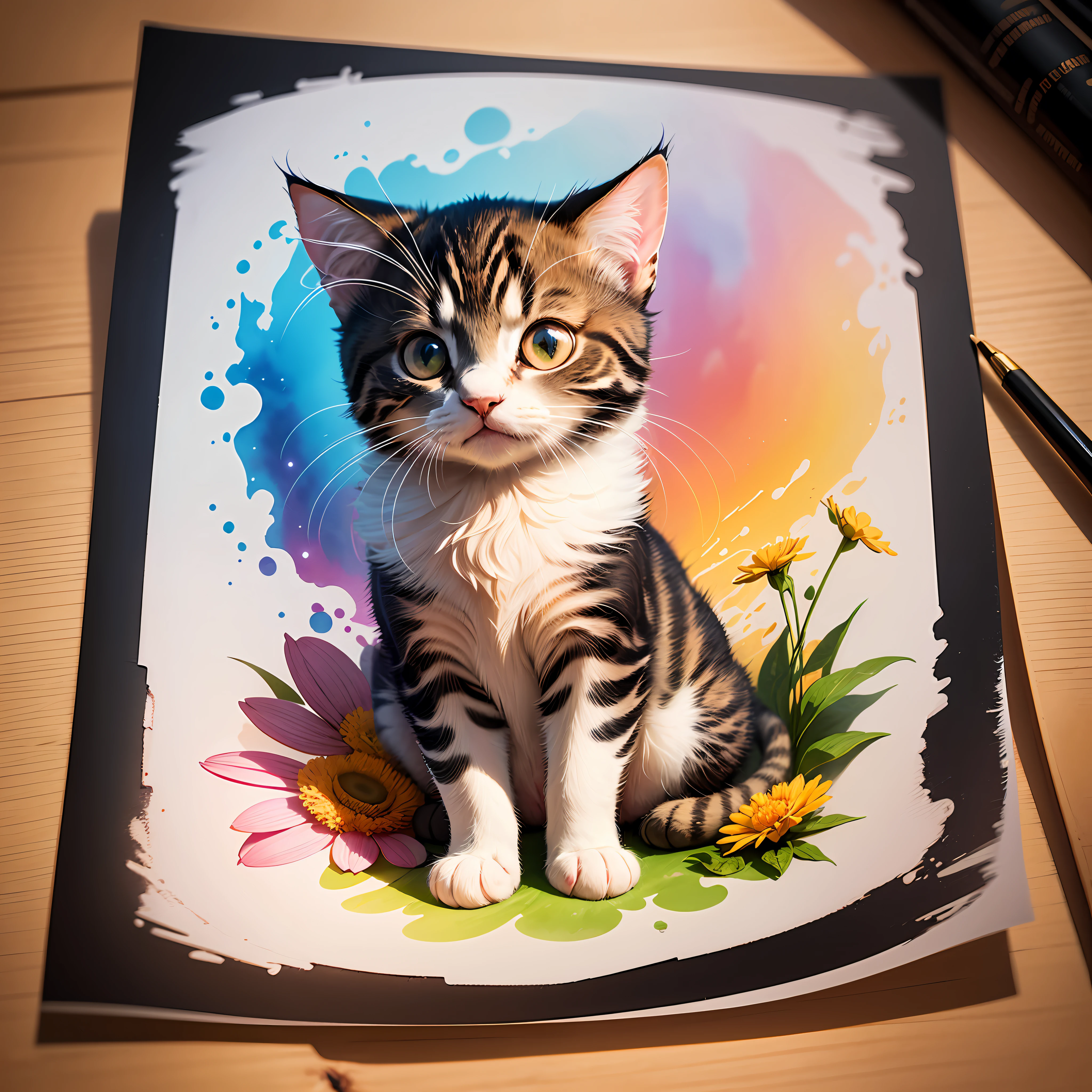 STICKER, A detailed illustration, a print of cute kitten, fantasy flowers splash, t-shirt design, fantasy art, watercolor effect, focused on the character, 4K resolution