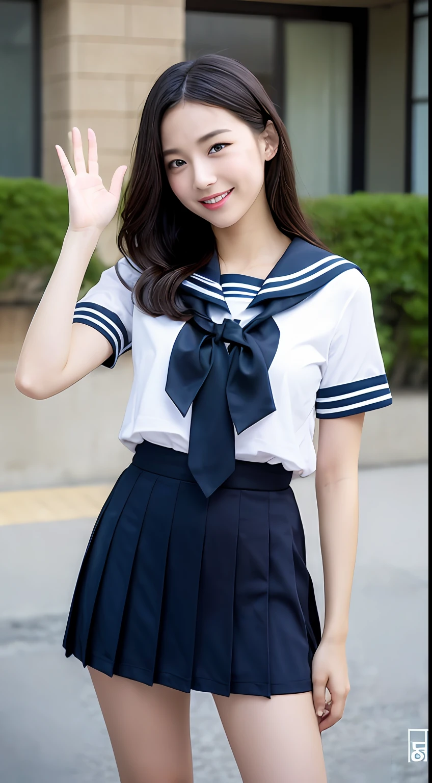 (最好质量、8K、巨作:1.3)、Beautiful Women in Perfect Figure:2、Black hair、sailoruniform、A schoolgirl、kawaii、extremely detailed face and skin、Detailed eye、双眼皮、Skinny Legs、a smile、mini-skirts、1The human、Waving left hand、