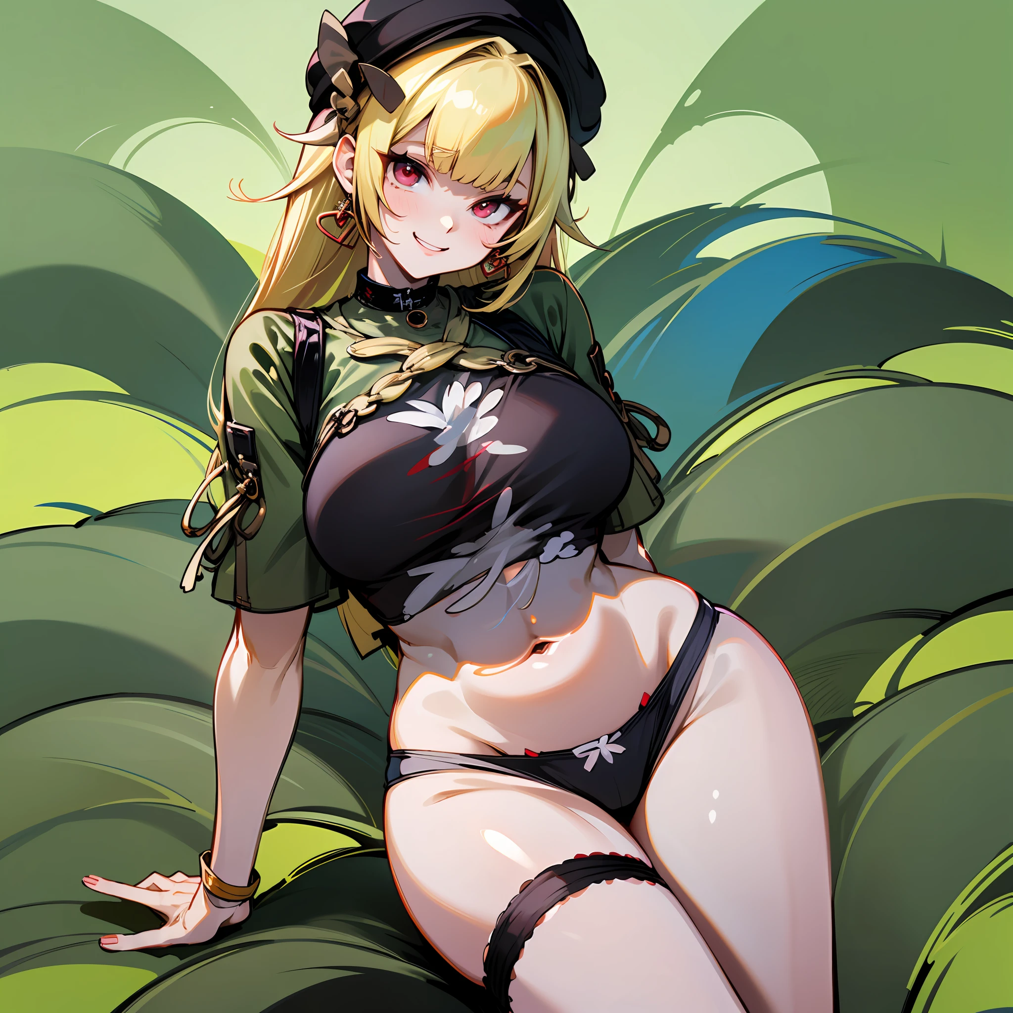 (巨作、最好质量、high fashion、Beauty Face、skin whitening、black har、Red eyes、Green leaves on background)、Beauty based on the latest trendy beauty information、Short shorts、high leg pantie、bikinis、Sheer T-shirt、((1 female)、High exposure、Slightly halved、Curvaceous crotch muscles、Delicate and beautiful。)Nasty smile、