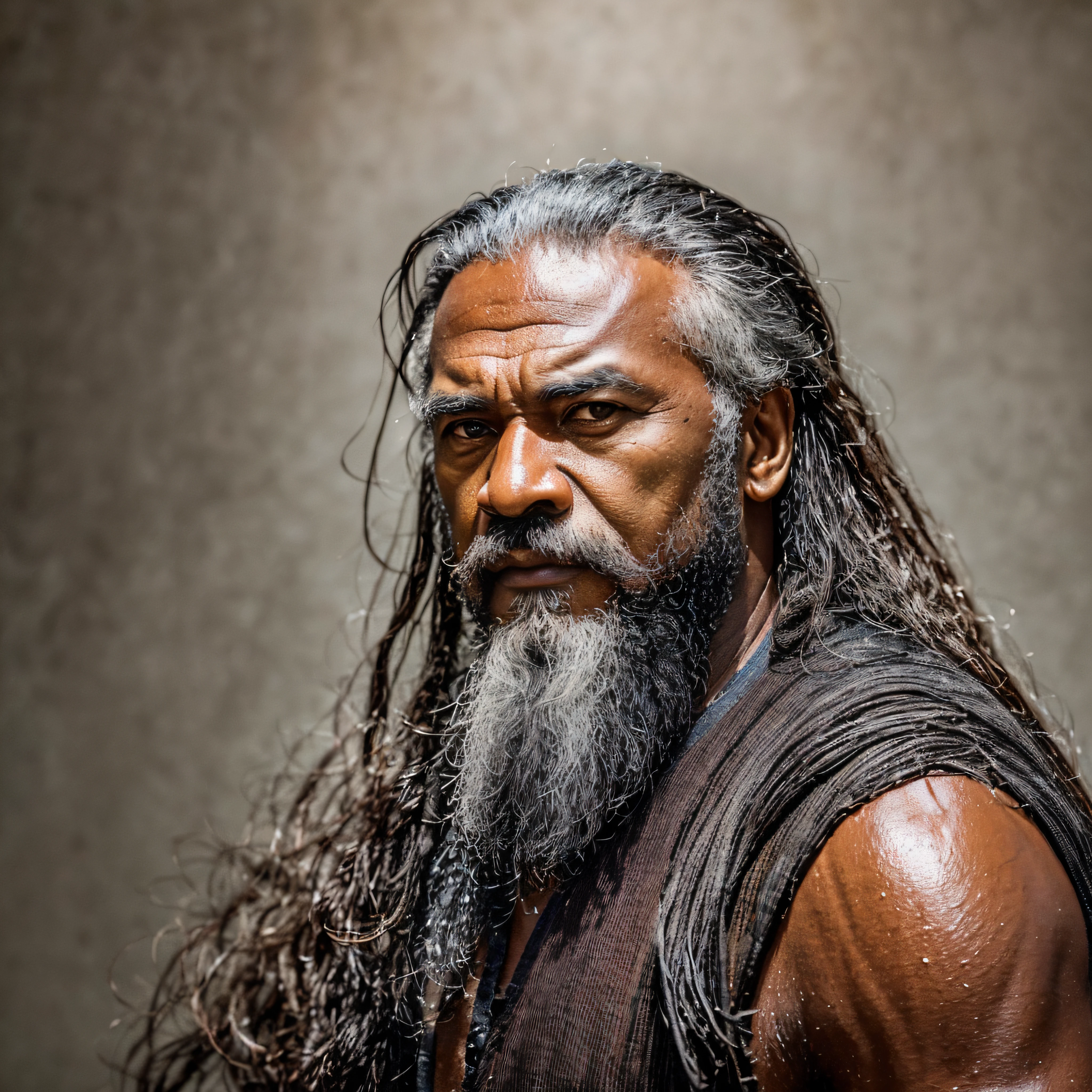 create an image based on the character Byamba, from the TV series Marco Polo, Played by actor Uli Latukefu. The character must have the appearance of a 54-year-old, relatively long hair and black beard. 8k, uhd, severe low lighting, high quality, sharp focus, fujifilm XT3 --auto --s2
