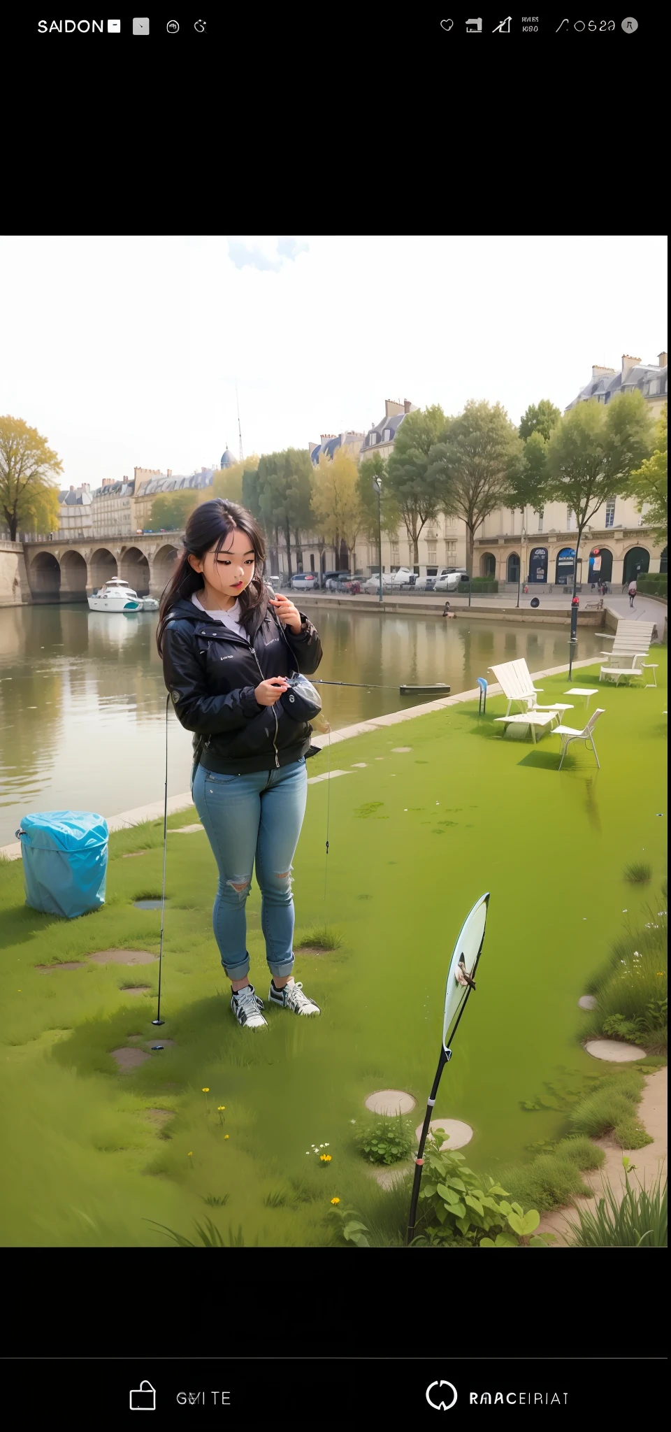 Create a picture of the girl in the photo fishing at a tourist spot in paris