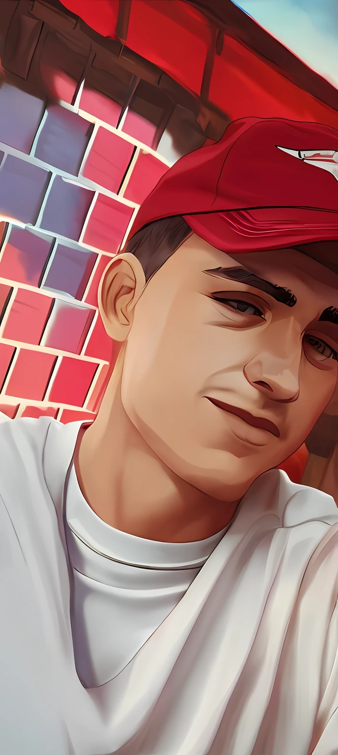 Man in red cap and white shirt, anime,((( best quality))), alta qualidade, (((Super Detalhe)))