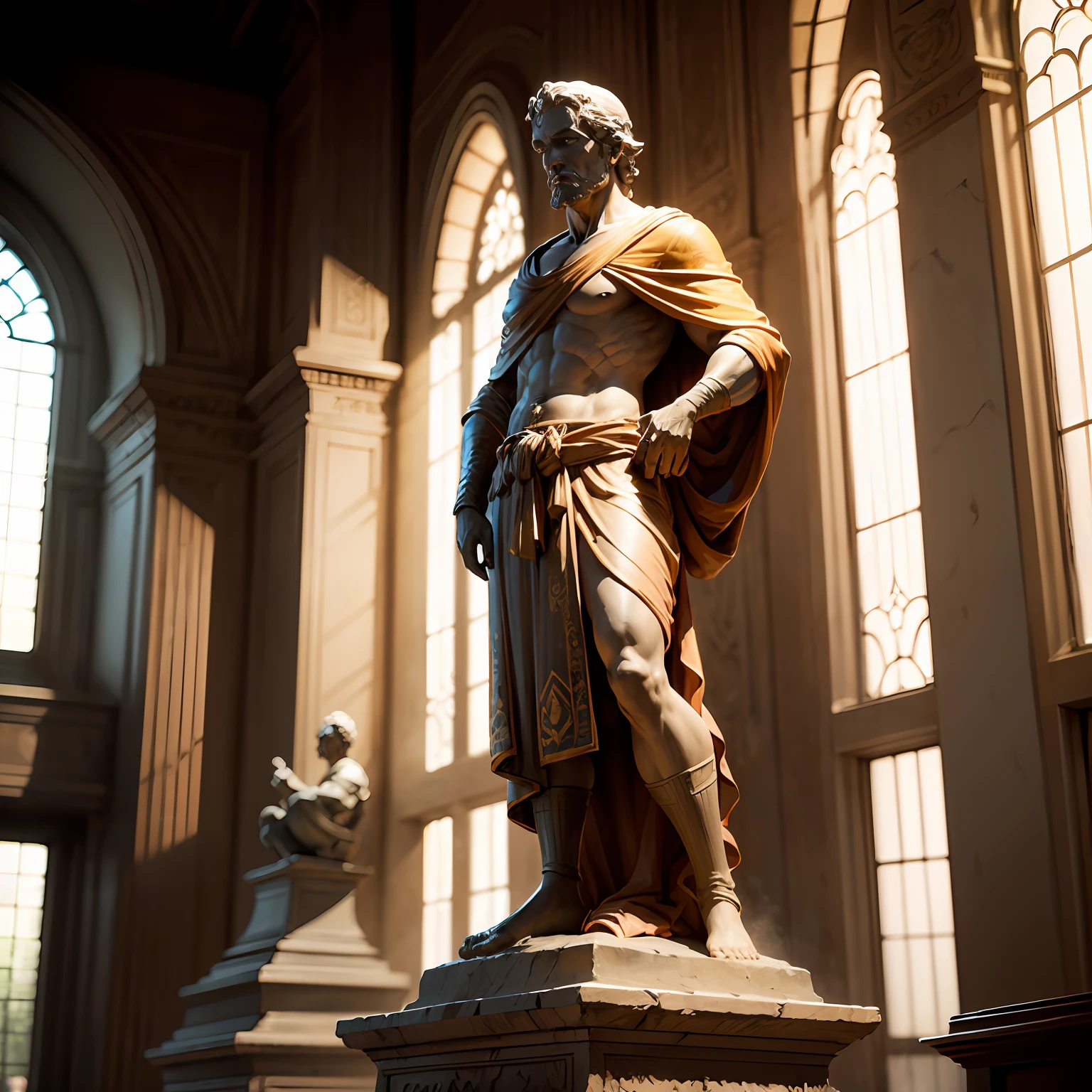 Create an extremely realistic image of a statue of a Roman philosopher man. The statue should depict an elderly individual, de barba longa e grisalha, wearing a classic Roman toga. Facial expression should convey wisdom and introspection. Detalhes cuidadosos devem ser adicionados, como rugas ao redor dos olhos e da boca, suggesting a life of experience and reflection. The notch of the statue should be of high quality, com texturas realistas e um envelhecido, look desgastado pelo tempo. O fundo pode ser neutro, highlighting only the central figure of the statue. Make sure the lighting is adequate to highlight the details and add depth to the sculpture.