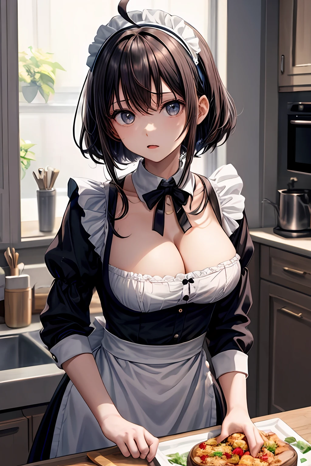 masterpiece, best quality, 1girl (large breasts:1.5, busty:1.2), black hair, ahoge,hairband, maid outfit, looking at viewer, panic, messy kitchen, fire, kitchen background