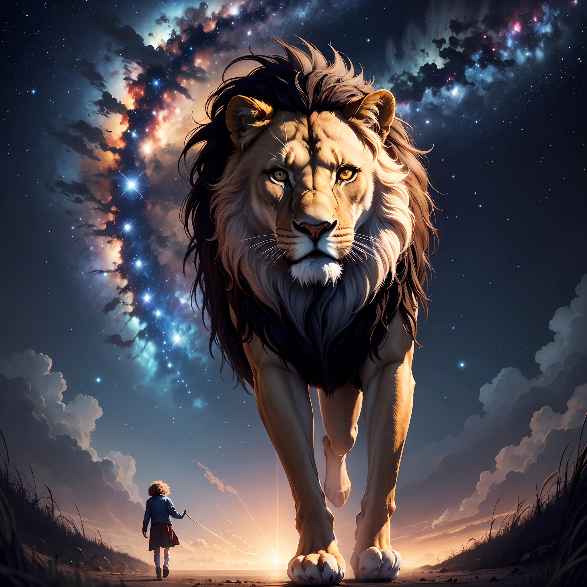 Lion-like man, Walking with a lion, starry sky blue background galaxy universe --auto