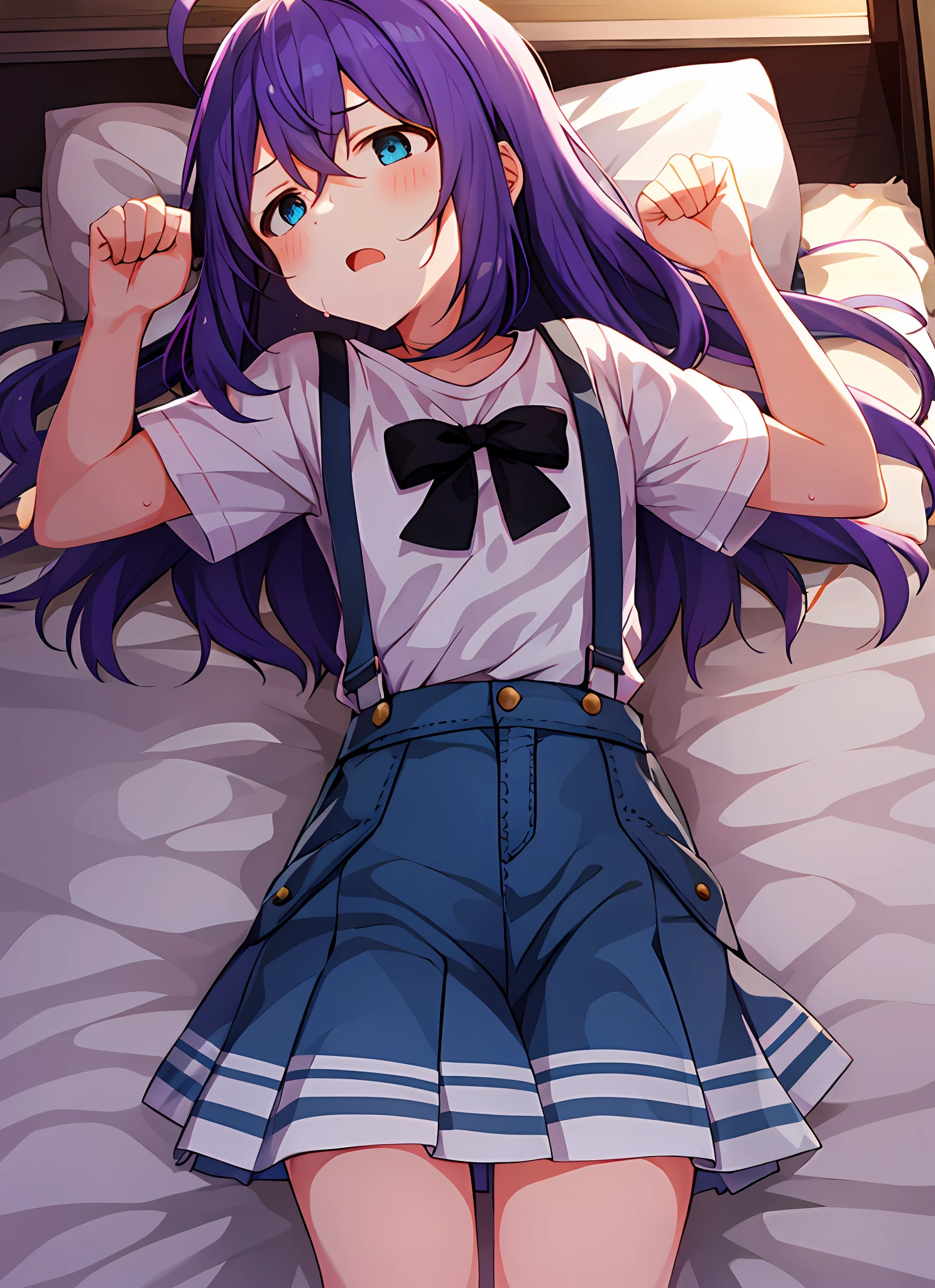 mochizuki anna,1girl in,Solo,Long hair,Purple hair,Small_Ahoge,Blue Eyes.Short stature.white t-shirts.suspenders.Skirt.Night view.lie on one’s side.Despair face.Clench your fists.Sweat.Opening Mouth.a bed.PILLOWS.